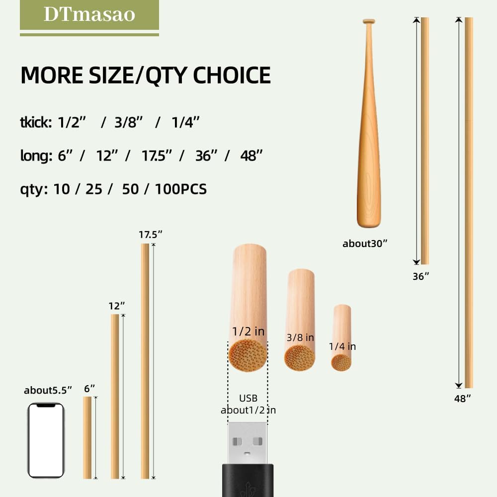 1/4 x 6 Inch 25 PCS Dowel Rods Wood Sticks Wooden Dowel Rods - Unfinished Bamboo Sticks - for Crafts and DIYers