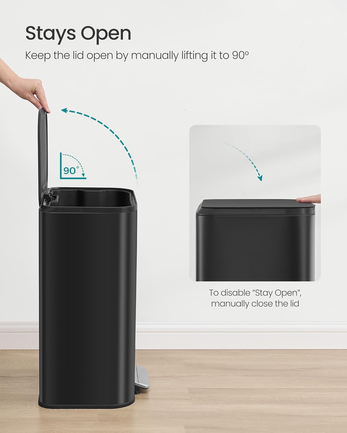 SONGMICS Kitchen Trash Can, 13-Gallon (50 L) Garbage Can with Lid, Stainless Steel, Soft Close and Stays Open, Inner Bucket, Wide Non-Slip Pedal, Ink Black ULTB547B01