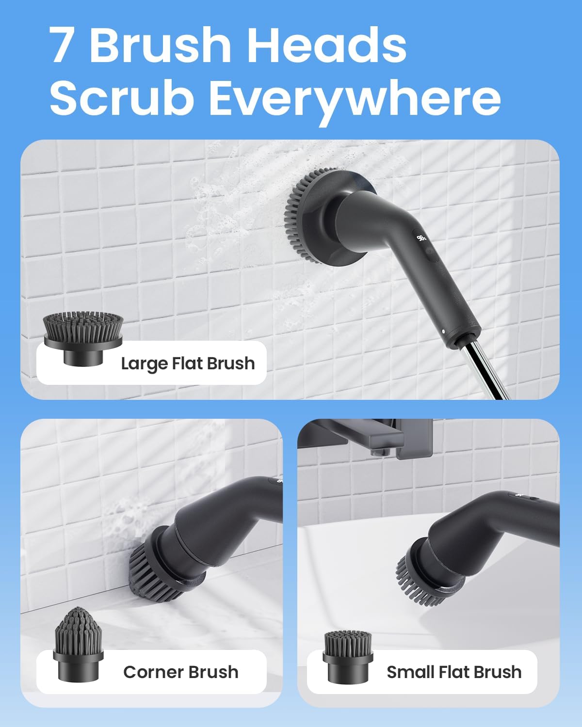 Leebein Electric Spin Scrubber, 2025 Upgraded Cordless Cleaning Brush Scrubber, IPX7 Waterproof Power Scrubber with 7 Brush Heads, Extended Handle and 2 Speeds for Bathroom Shower Bathtub Floor