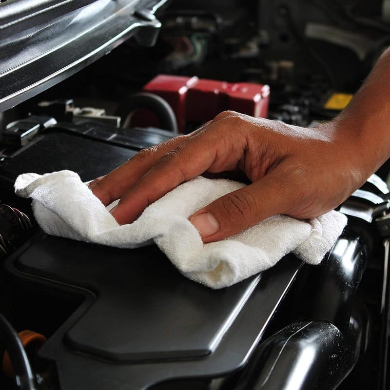 Shop Towels (White, 50-Pack) - Bulk Cleaning Towel in a Bag, Mechanic Cotton Wipes for Car Maintenance, Auto Mechanics & Garage, Wipe Grease & Oil, Machine Wash & Reusable