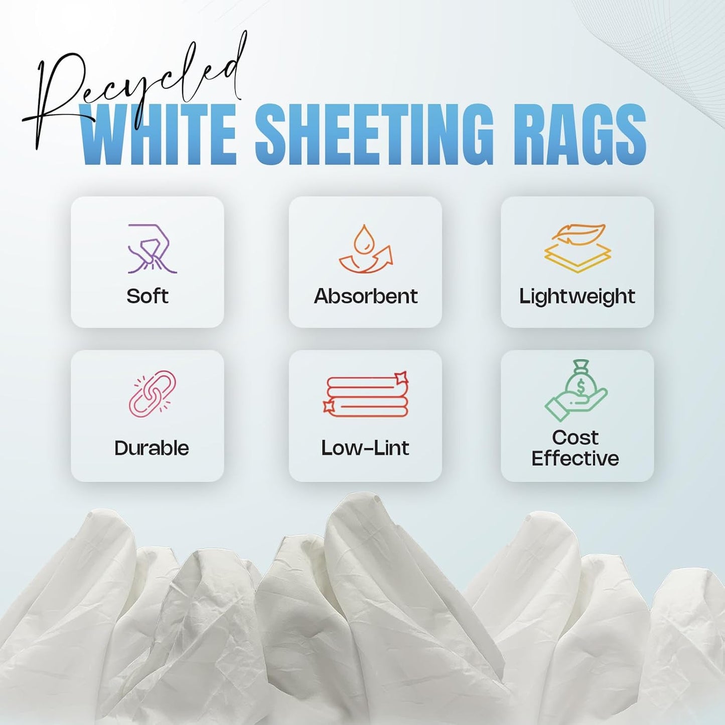 Recycled White Sheeting Cleaning Rags (600 lbs. Pallet 12x50 lbs. Box) โ Lint Free White Cotton Cloths for Manufacturing | Automotive | Janitorial | Shop Rags Bulk - Multipurpose