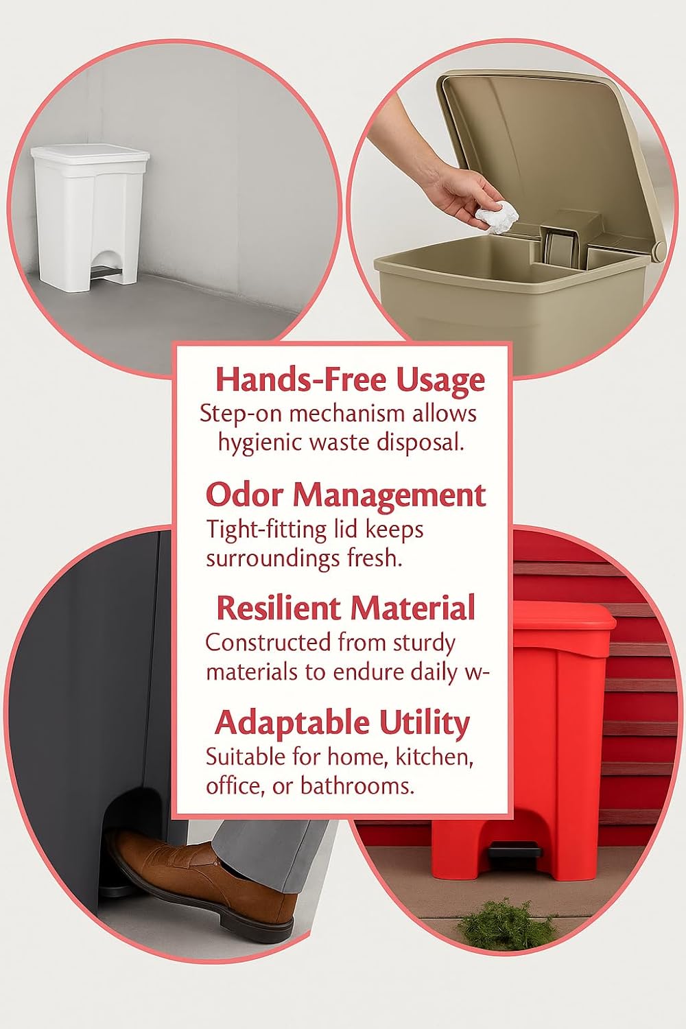 PRO&Family Step-On Trash Can with Lid, Plastic Waste Bin, Foot Pedal Operation (Red, 8 Gallon)