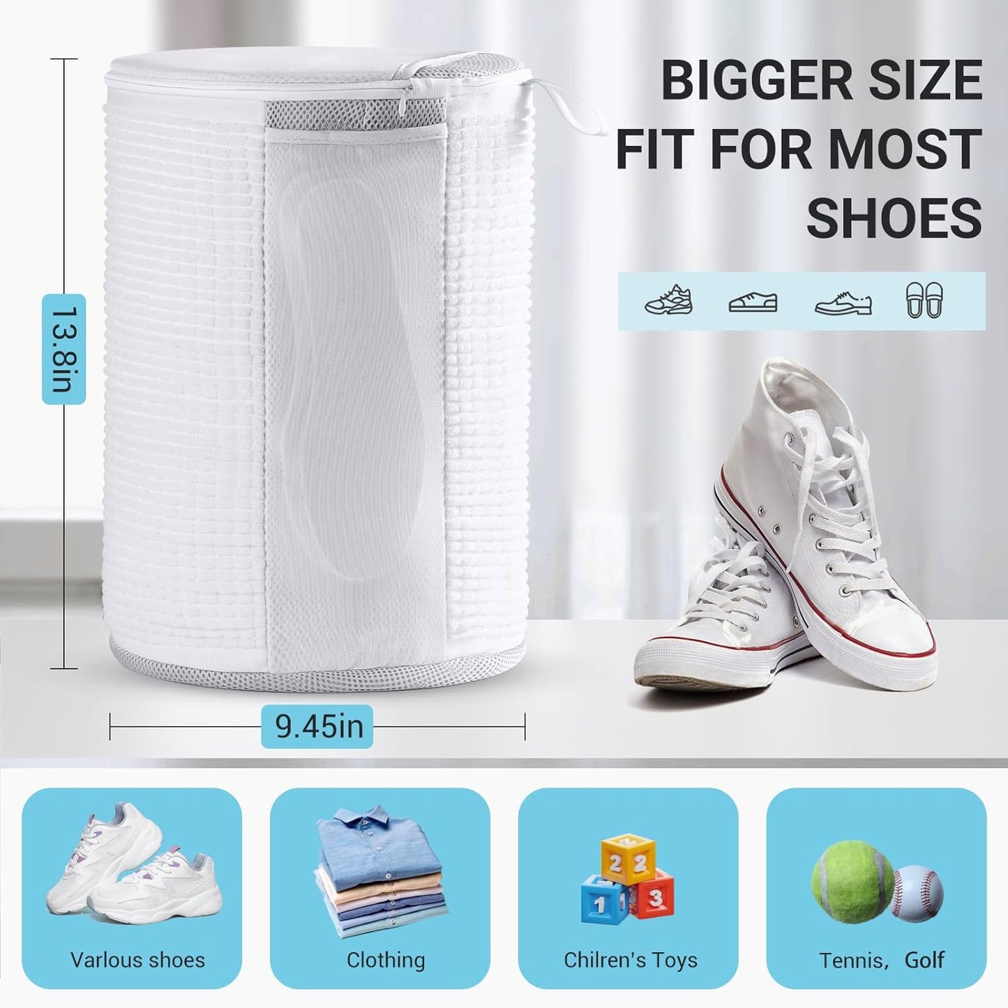 Large Shoe Bag for Washing Machine, Two-Zone Design, 2 Mesh Pockets, One-Step Wash for Complete Cleaning, Durable Invisible Zipper Sneaker Laundry Bag Home Dorm Essentials 9.45" x 13.8"