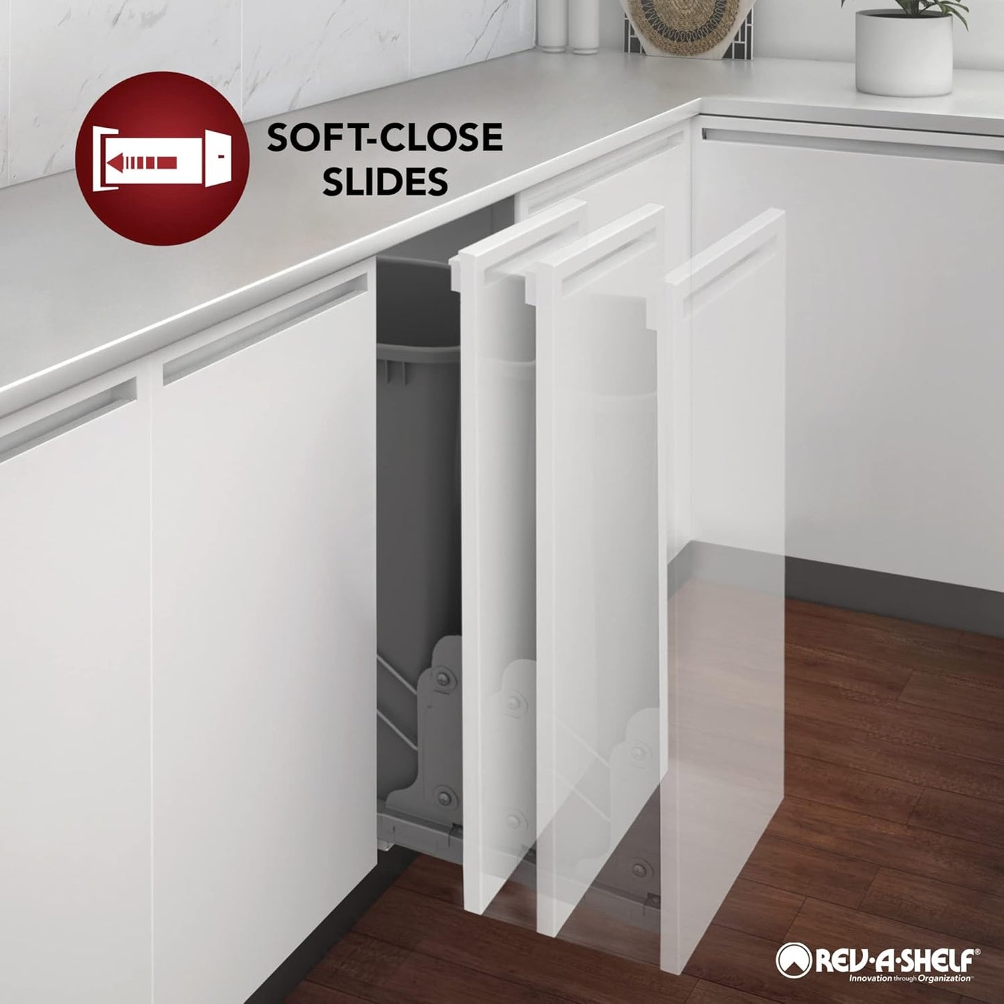 Rev-A-Shelf Double Pull-Out Trash Can for Under Kitchen Cabinets 27 Quart 12.5 Gallon with Soft-Close Slides, White, 53WC-1527SCDM-211