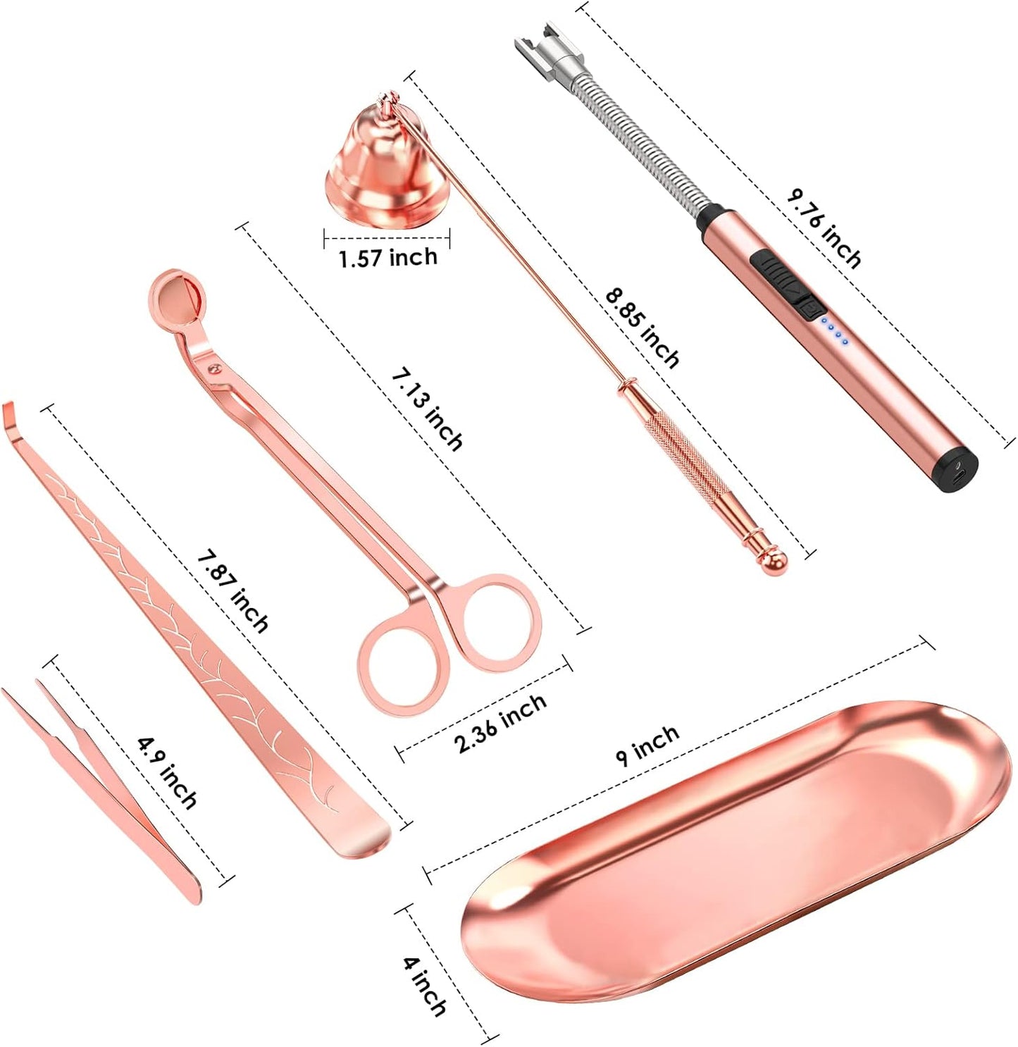 6 in 1 Candle Accessory Set,Candle Wick Trimmer Cutter,Candle Wick Dipper,Candle Wick Snuffer, Rechargeable Candle Lighter,Storage Tray Plate,Tweezers,Stainless Steel Candle Care Kit Gift(Rose Gold)โฆ