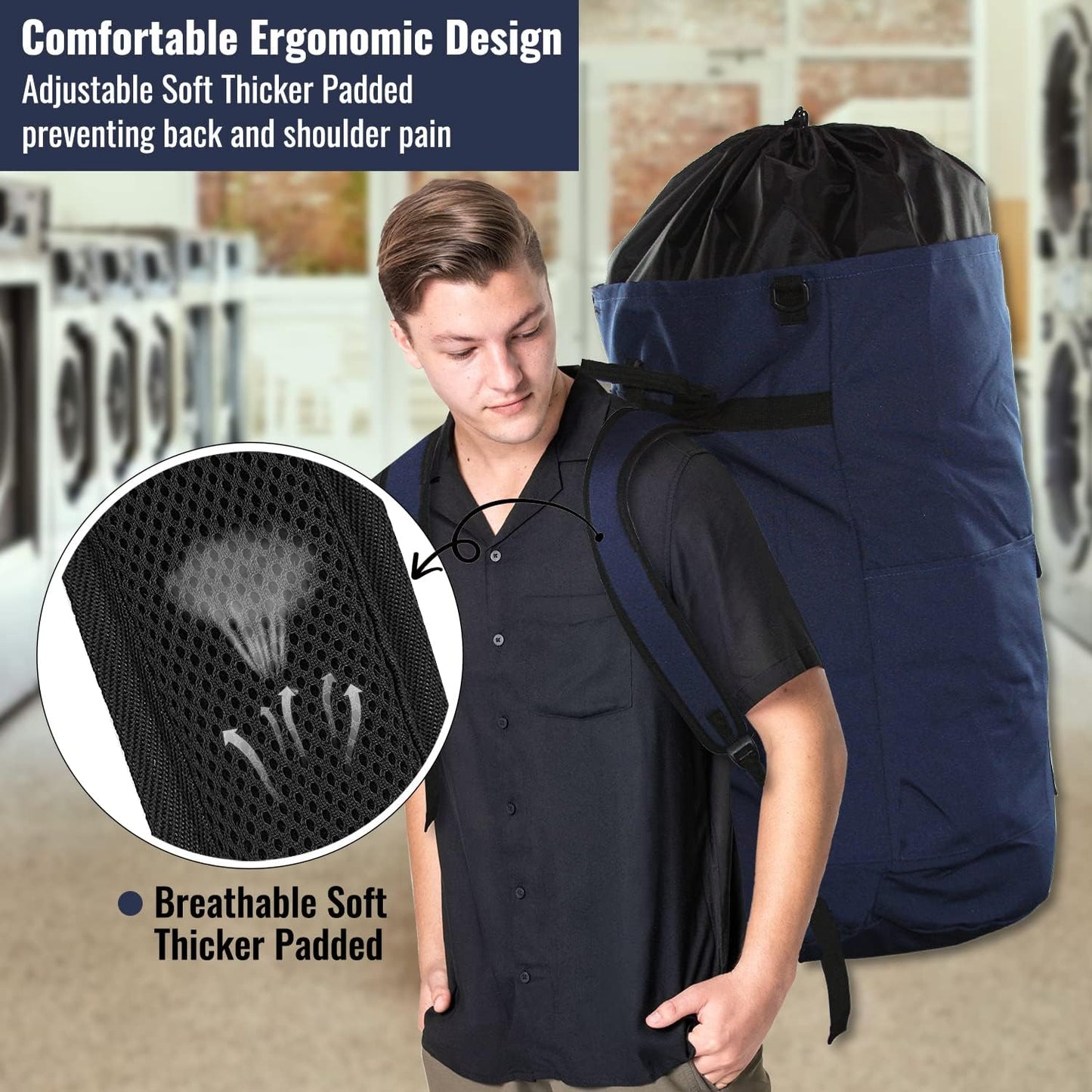 Laundry Bag Backpack, 125L Extra Large Travel Laundry Bags with Shoulder Straps, Adjustable & Extendable Design, Laundry Hamper Bag with 3 Pockets for Laundromat, College, Travel, Camping