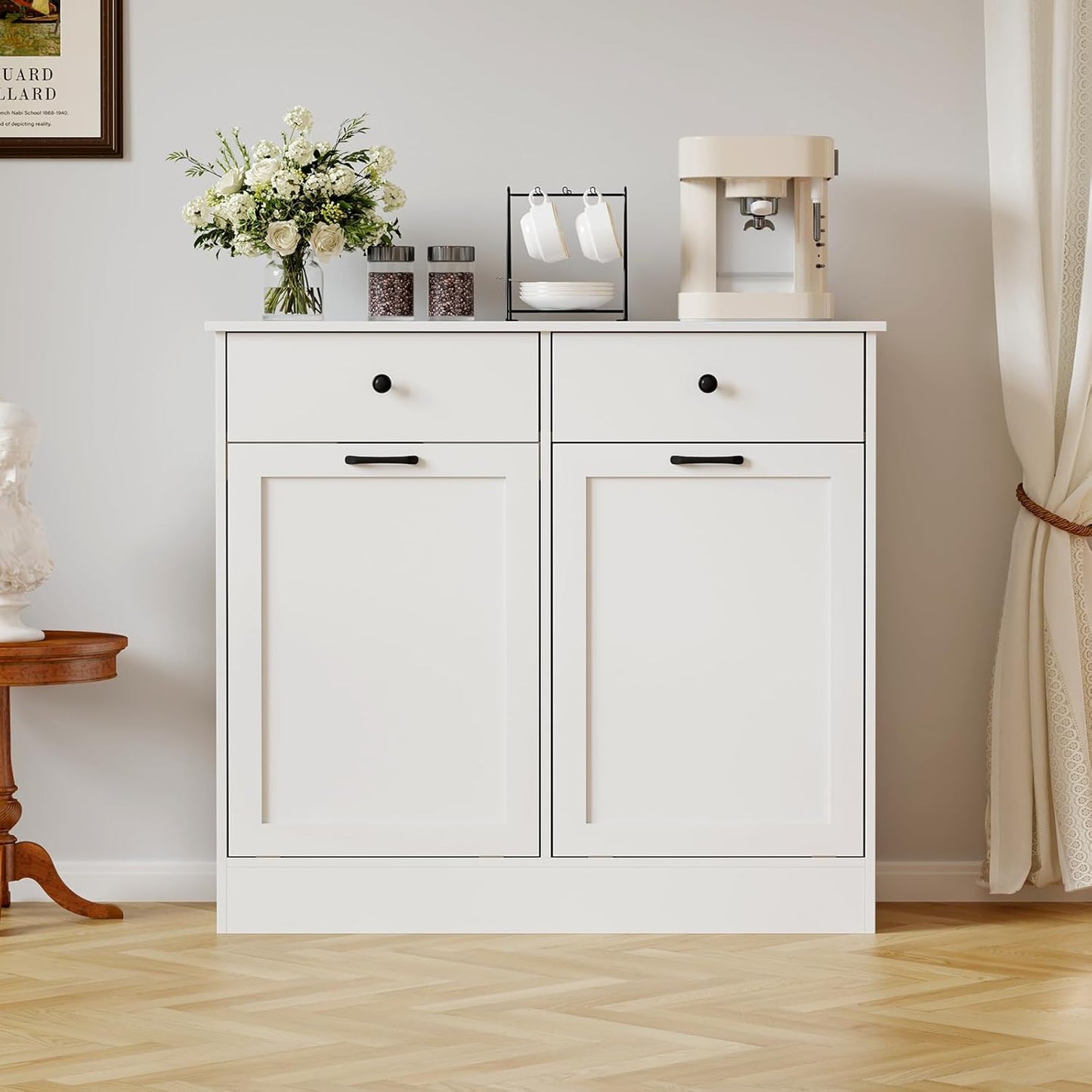Double Tilt Out Trash Can Cabinet, 2 x 10 Gallon Wooden Trash Bin Cabinet with 2 Hideaway Drawers & Deodorizer, Freestanding Hidden Garbage Can Storage for Kitchen, Dining, Living Room, Pet-Proof Desi