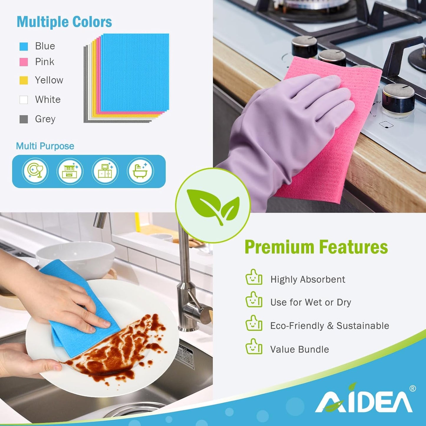 AIDEA Swedish Dishcloths for Kitchen-20PK, Absorbent Sponge Dish Cloth, Dishcloths for Washing Dishes, Reusable Paper Towels Dish Cloths, Swedish Towels for Home, Kitchen, Glass, 7" x 6"