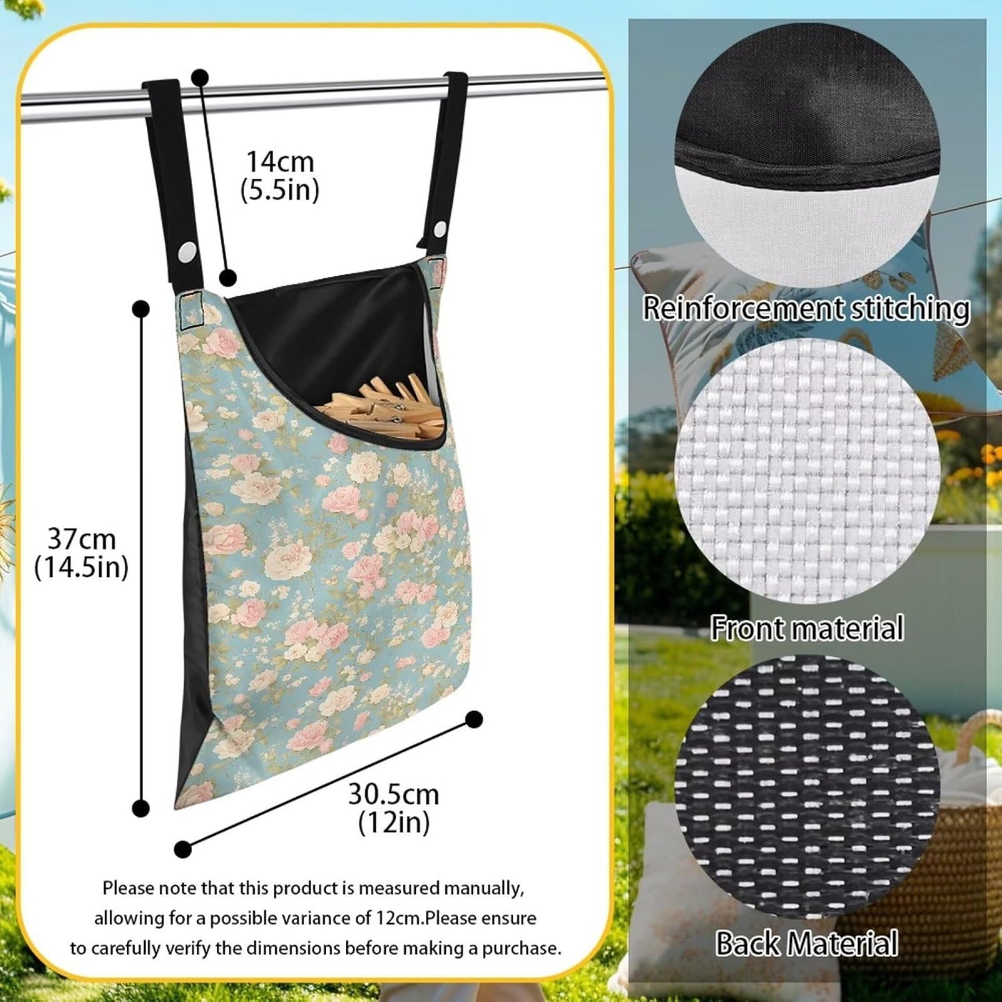 Clothes Pin Hanging Bag with Big Opening Storage Clothes Pins & Mini Clothespins Fits Retractable Clothes Line Outdoors - Flowers Pink