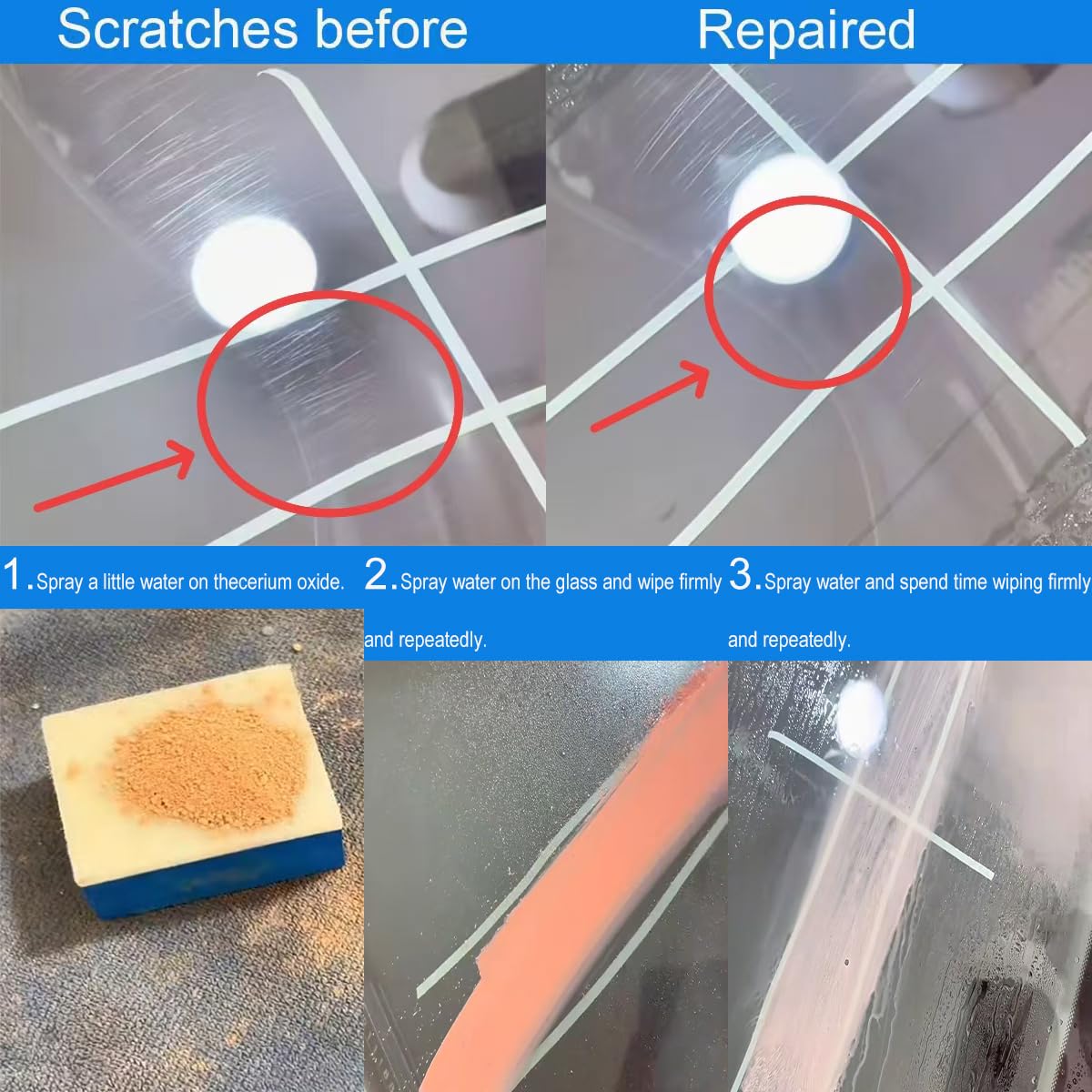 Cerium Oxide Glass Polishing Kit โ Multifunctional Light Scratch Remover & Oil Film/Stain Cleaner for Windscreen and Glass Repair. Effectively Removes Oil Films, Stubborn Stains