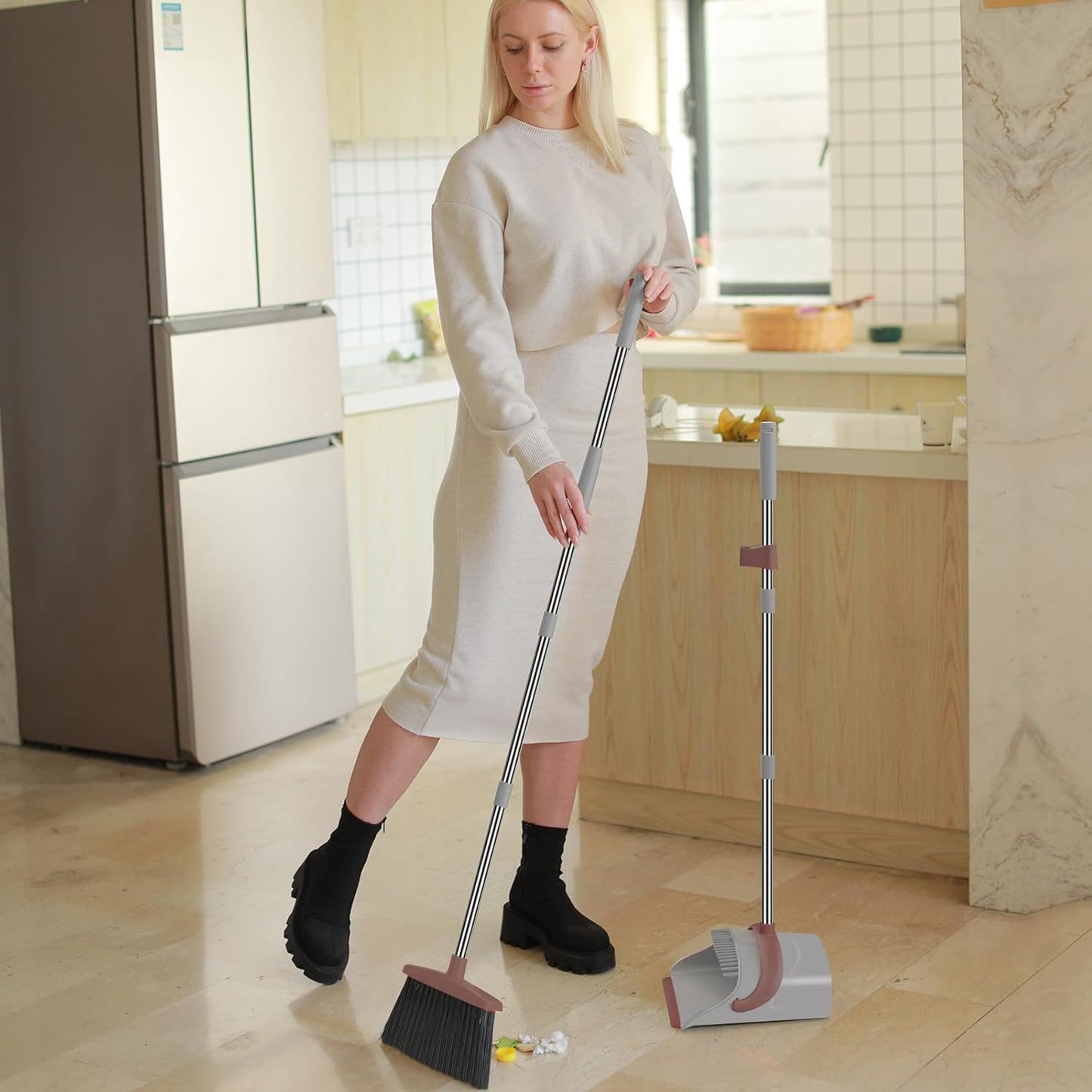 Ivandar Broom with Dustpan Combo Set, 50.6 inch Long Handle, Upright Standing Broom and Dustpan Set Quiet Cleaning Tool Sweep The Floor Dust pan Removes 4 Times More Pet Hair(Brown and Gray)