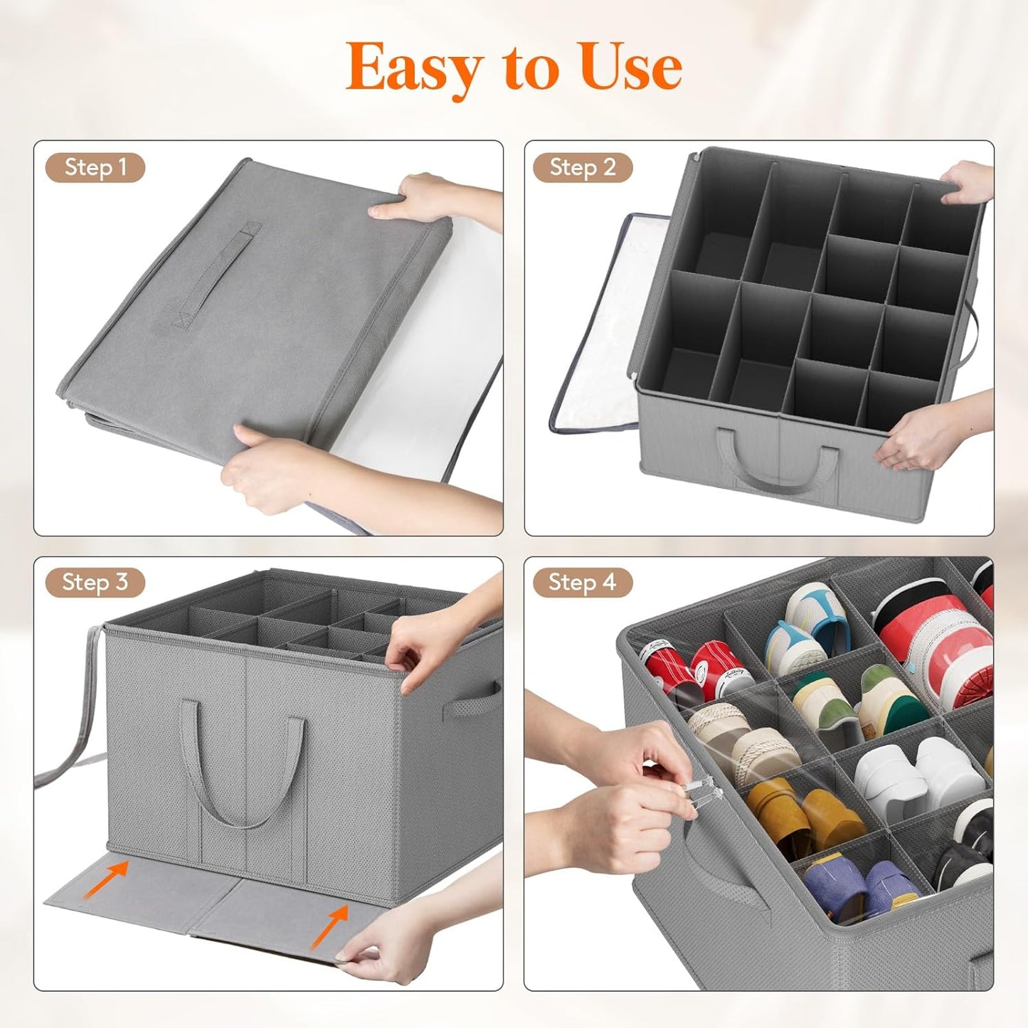 Lifewit Shoe Storage Organizer for Closet Fits 12-16 Pairs, Fabric Large Shoe Box Storage Containers with Clear Cover, Foldable Bins Fit for Boots Sneakers 17"(L) x 17"(W) x 12.5"(H) 3 Pack Light Gray