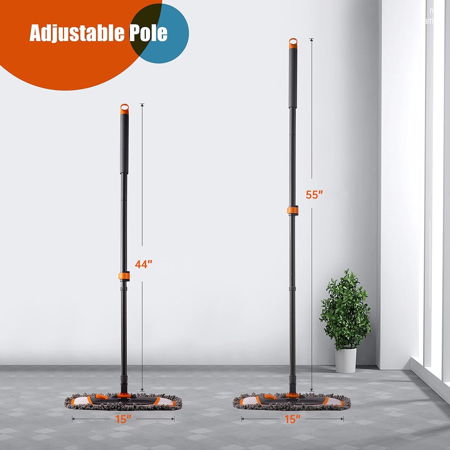 Mops for Floor Cleaning with 3 Different Washable Pads and Extendable 55” Long Handle, Multifunction Dust Mop for Hardwood,Marble,Tile Floor Mopping,Orange