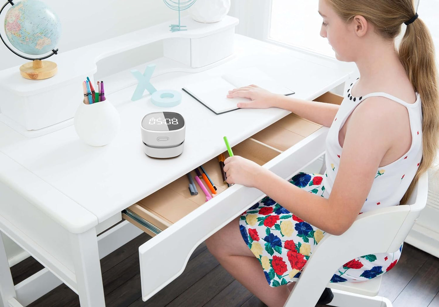 ODISTAR Counter Vacuum Cleaner,Mini Table dust Sweeper Energy with Digital Timer,Endurance up to 400 mins,360º Rotatable for Cleaning Rubber shavings,Crumbs Keyboard of Gifts for Kids(White)