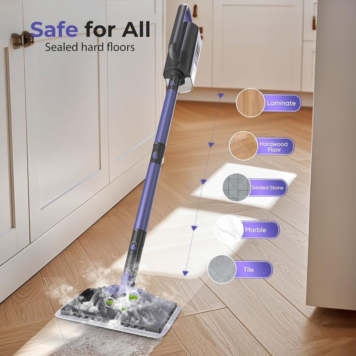 Steam Mop, Steam Cleaner with Large-Capacity Water Tank, 2 Washable Pads, 23FT Power Cable floor steamer, Detachable Steam Mops for Floor Cleaning (Purple)
