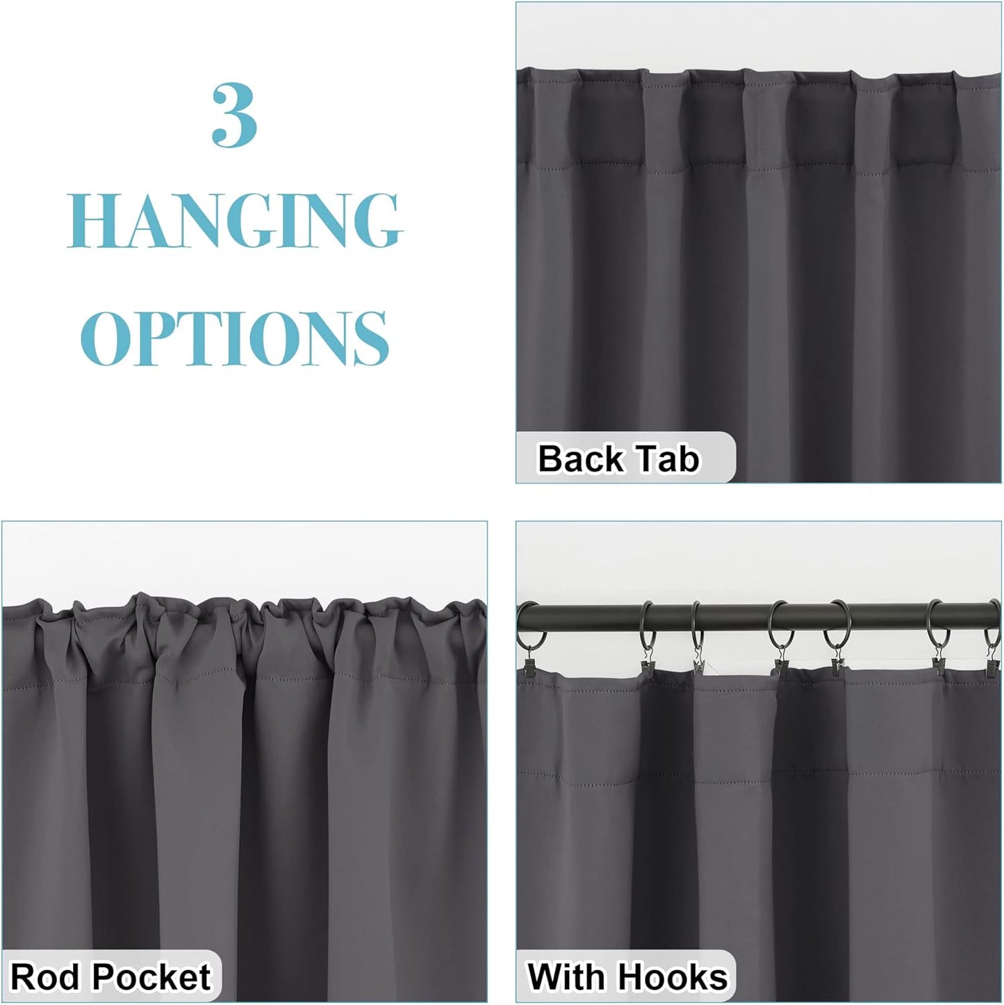 RYB HOME Blackout Curtains for Kitchen, Room Darkening Half Window Treatment Energy Saving Privacy Valances Tiers for Bedroom Bathroom Dining Room, Grey, W42 x L36 inch, 2 Panels