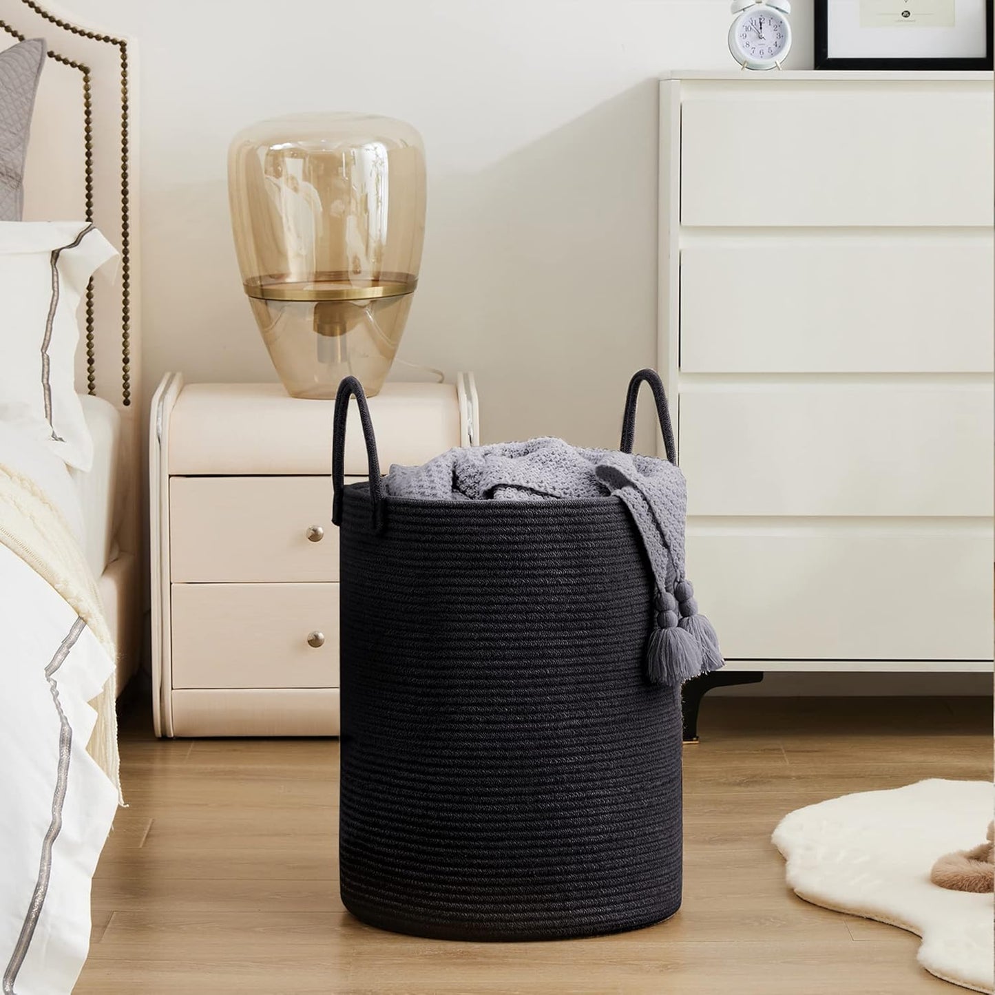 YOUDENOVA Woven Rope Laundry Hamper Basket, 58L Tall Laundry Basket, Baby Nursery Hamper for Blanket Storage in Bedroom-Large- Black