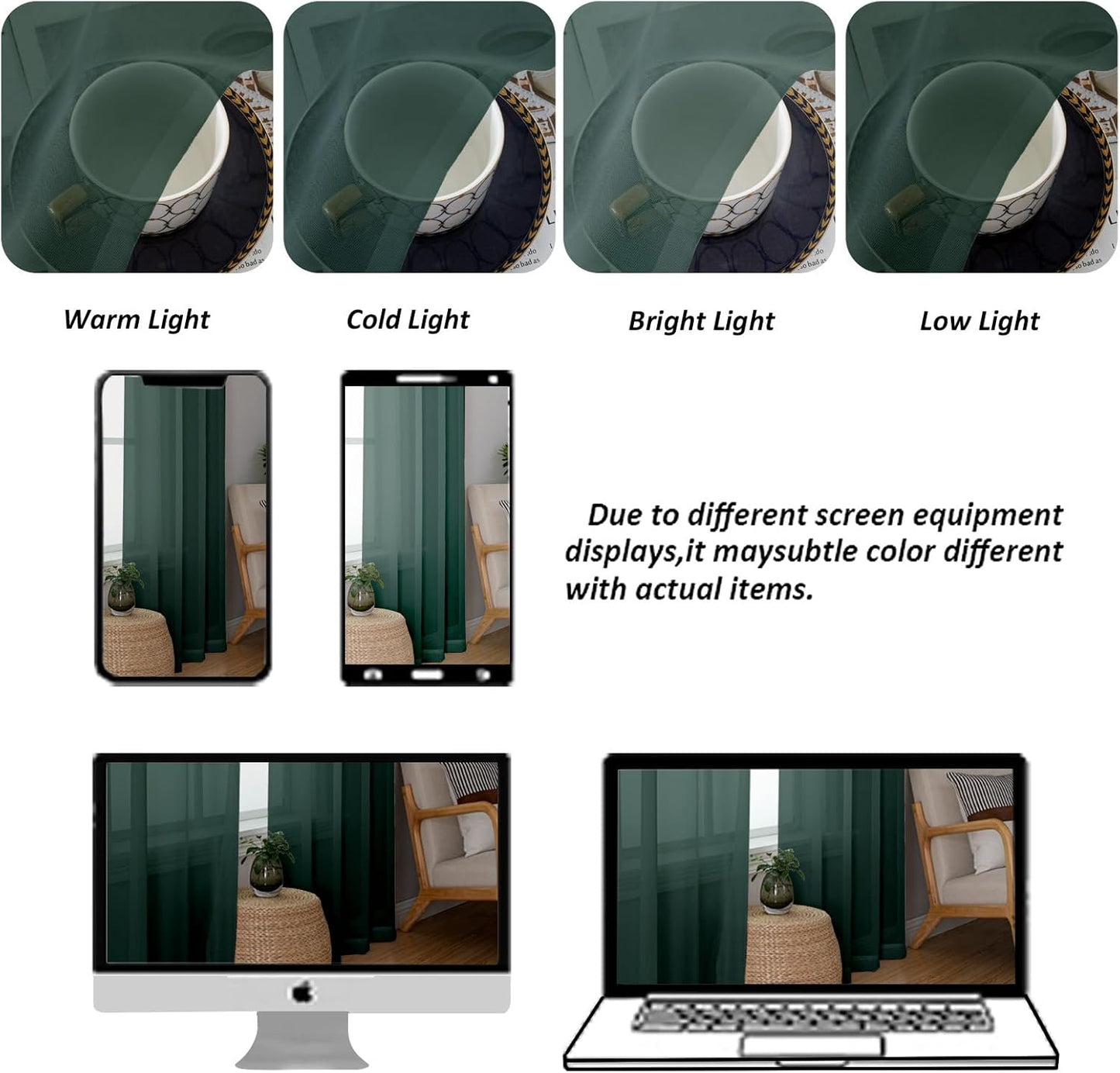Chyhomenyc Hunter Green Sheer Curtains 36 inch Length 2 Panels, Light Filtering Voile Rod Pocket Short Window Curtians for Bathroom Living Room Farmhouse Small Windows, 42Wx36L inches