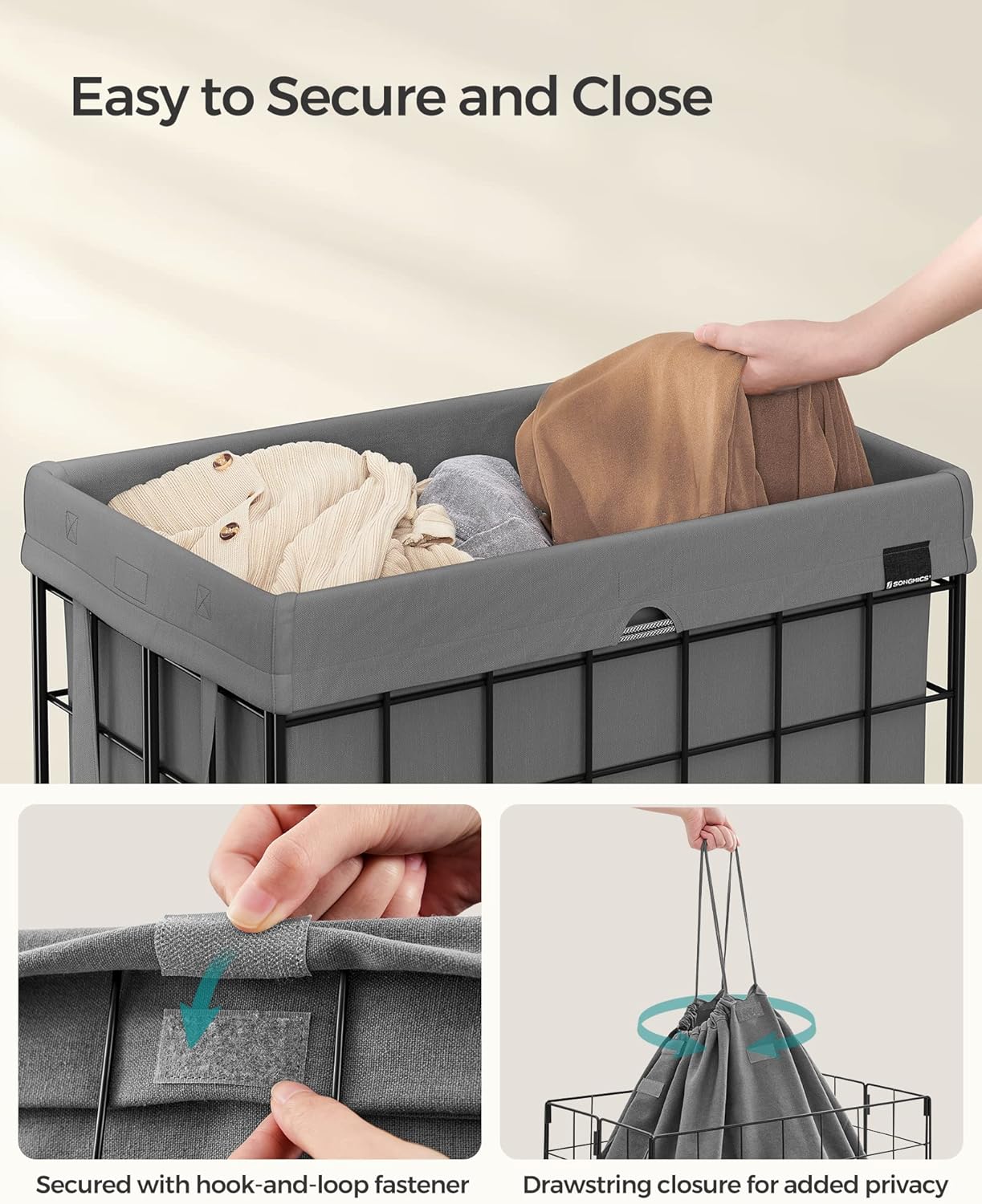 SONGMICS 29 Gal. (110L) Laundry Basket, Laundry Hamper, Collapsible Clothes Hamper, Removable and Washable Liner, Metal Wire Frame, for Bedroom Bathroom, Black and Gray ULCB111G01