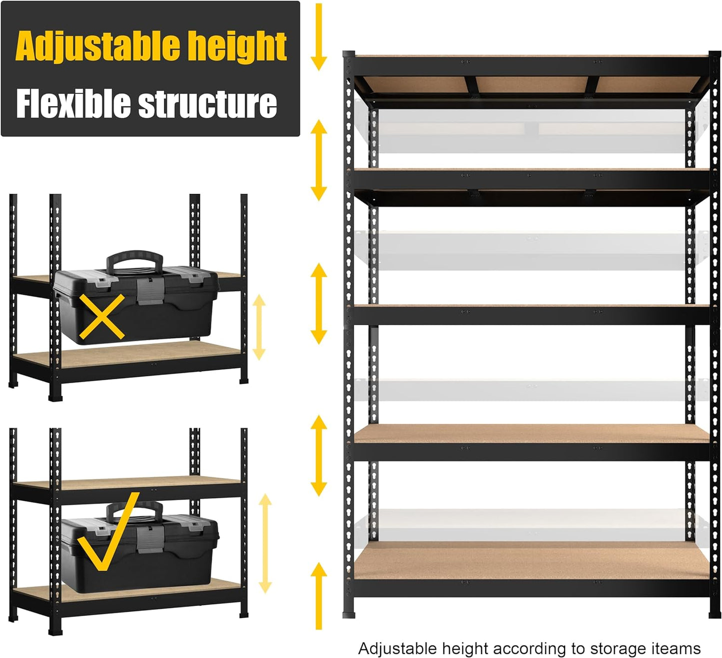 PrimeZone 48" x 24" x 72" Heavy Duty 5 Tier Adjustable Garage Storage Shelving, Metal Utility Rack Shelf Unit for Warehouse Pantry Closet Kitchen, Black, 6 Pack