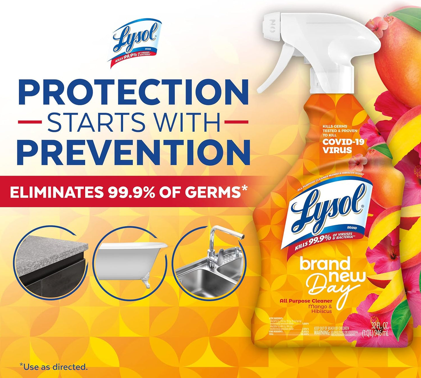 Lysol All-Purpose Cleaner, Sanitizing and Disinfecting Spray, To Clean and Deodorize, Mango & Hibiscus Scent, 32oz (Pack of 2)