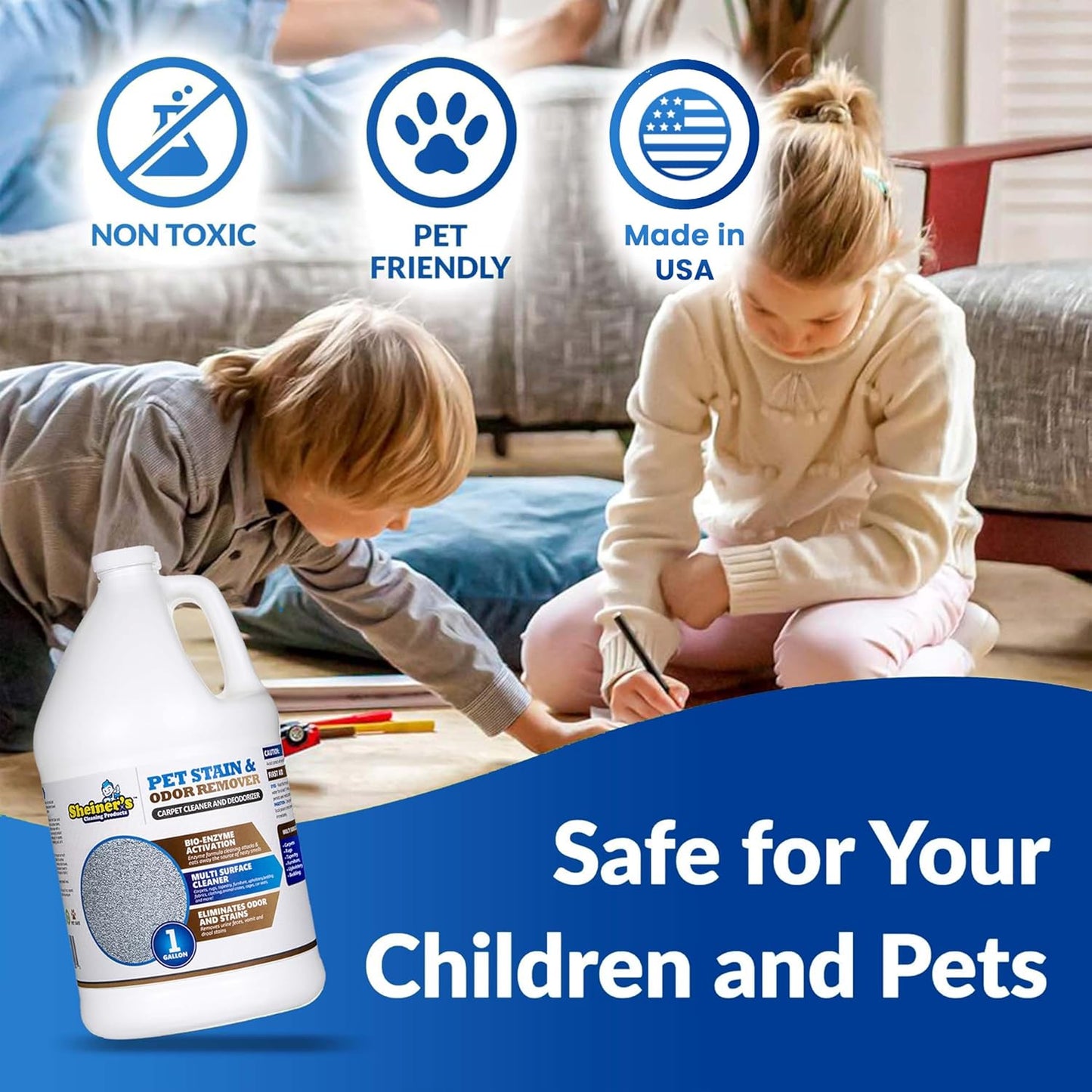 Sheiner's Pet Urine Enzyme Cleaner & Urine Odor Eliminator, Advanced Cleaning Bio-Enzyme Cleaner Solution for Carpets, Rugs, Upholstery & Multi-Surfaces, Safe for Pets & Kids. (128 oz)