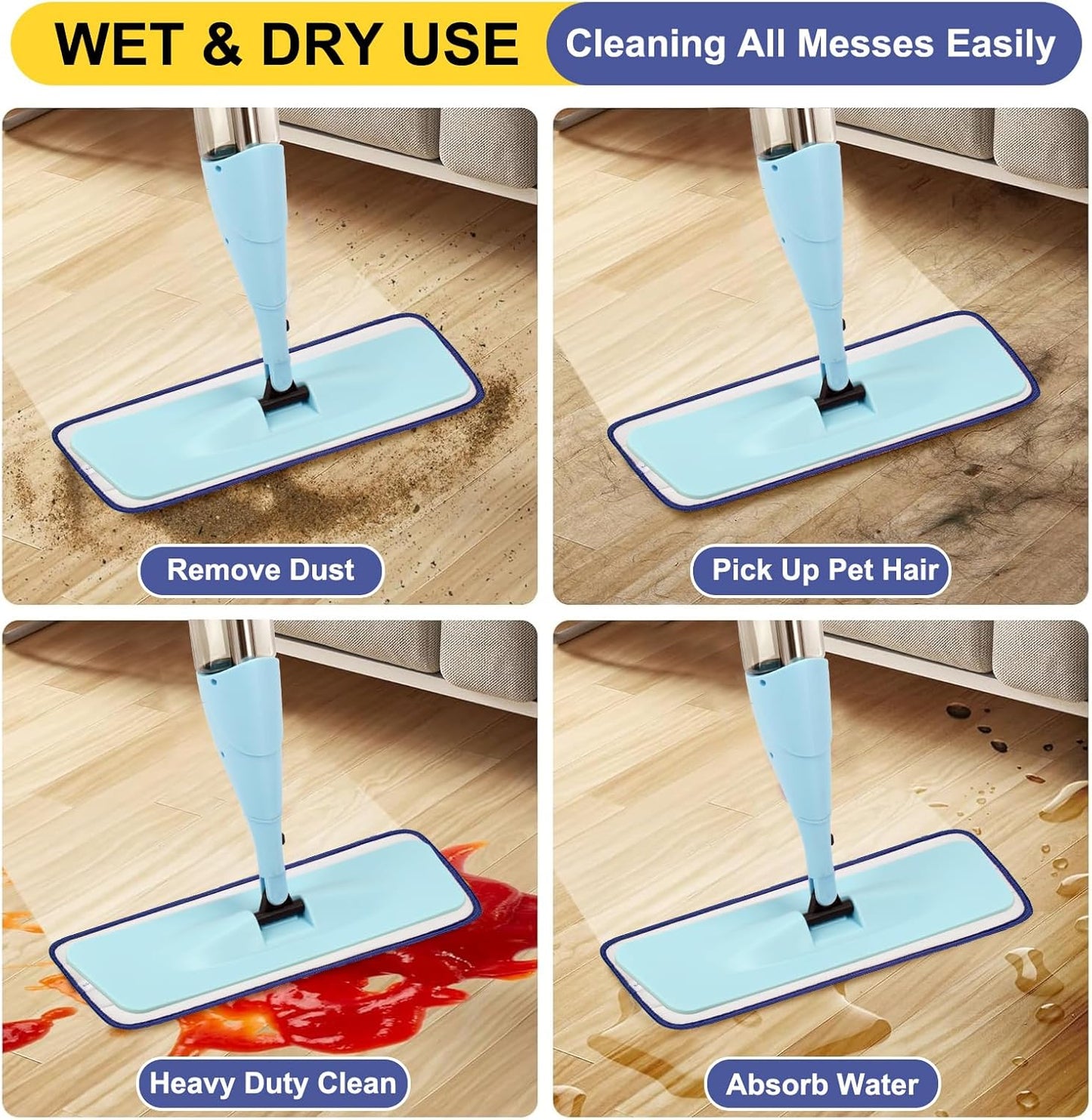 8 Pack 16.5 inch Reusable Mop Pads Microfiber Spray Mop Replacement Heads for Wet/Dry Mops Compatible with Bona Floor Care System