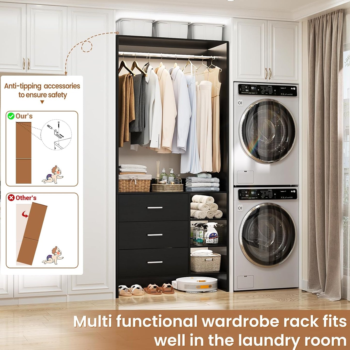 Aheaplus 2.5FT Closet System with 3 Drawers, 29.5’’ Closet Organizer, Wood Closet Organizer System, Walk-in Closet or Small Closets Wardrobe, Clothes Rack with Hanging Rods,-E6, Black