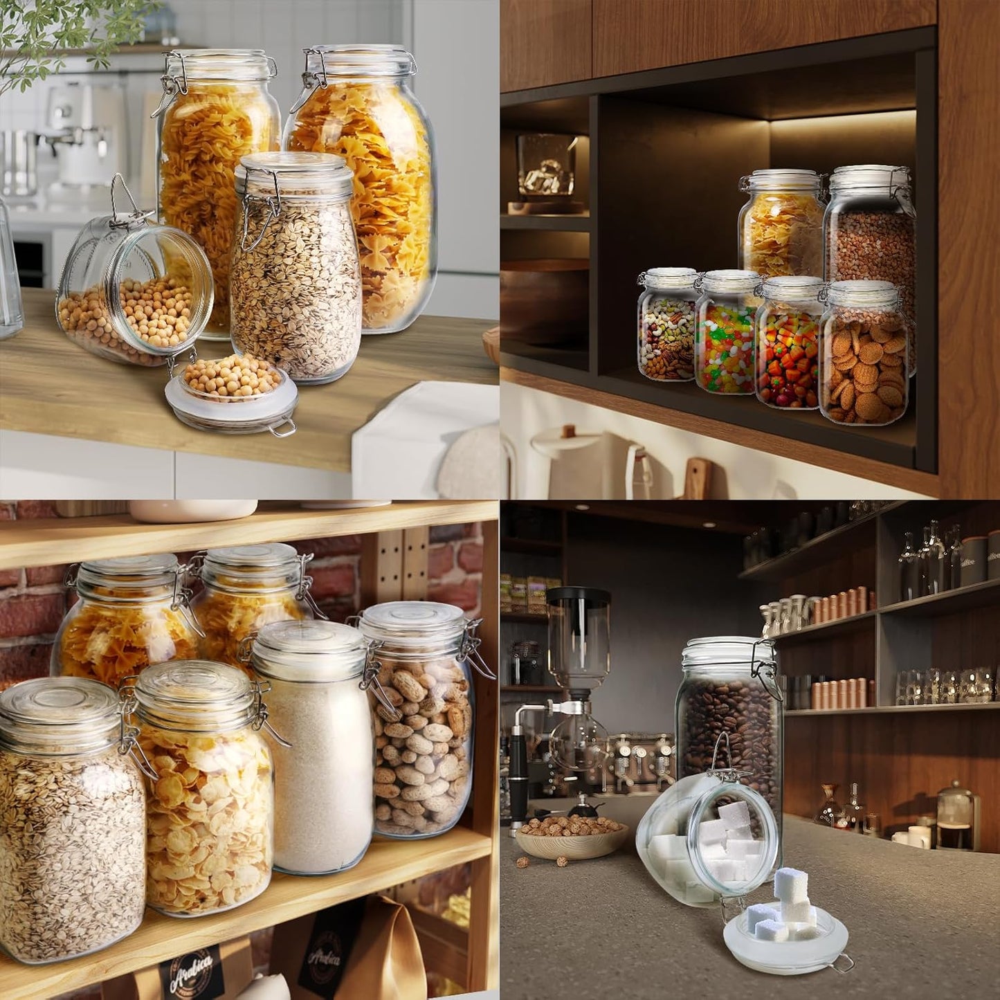 Square Glass Jars with Airtight Lid Set of 3, 50 floz Wide Mouth Mason Jars with Clamp Lids,Glass Sealed Jars with Air Tight Lids, Best for Kitchen & Pantry Food Storage