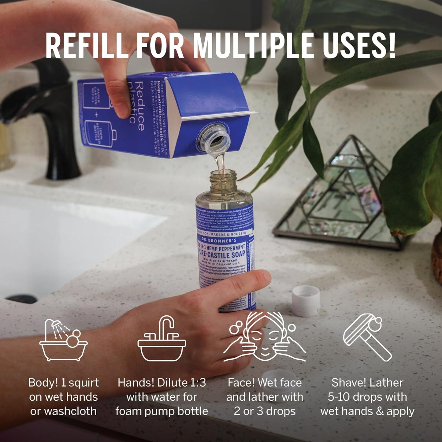 Dr. Bronner's Pure-Castile Liquid Magic Soap Refill - Made with Regenerative Organic Certified Oils, 86% Less Plastic - 18-in-1 Uses for Face, Body Wash, Hand Soap Refill & More - Peppermint, 32oz