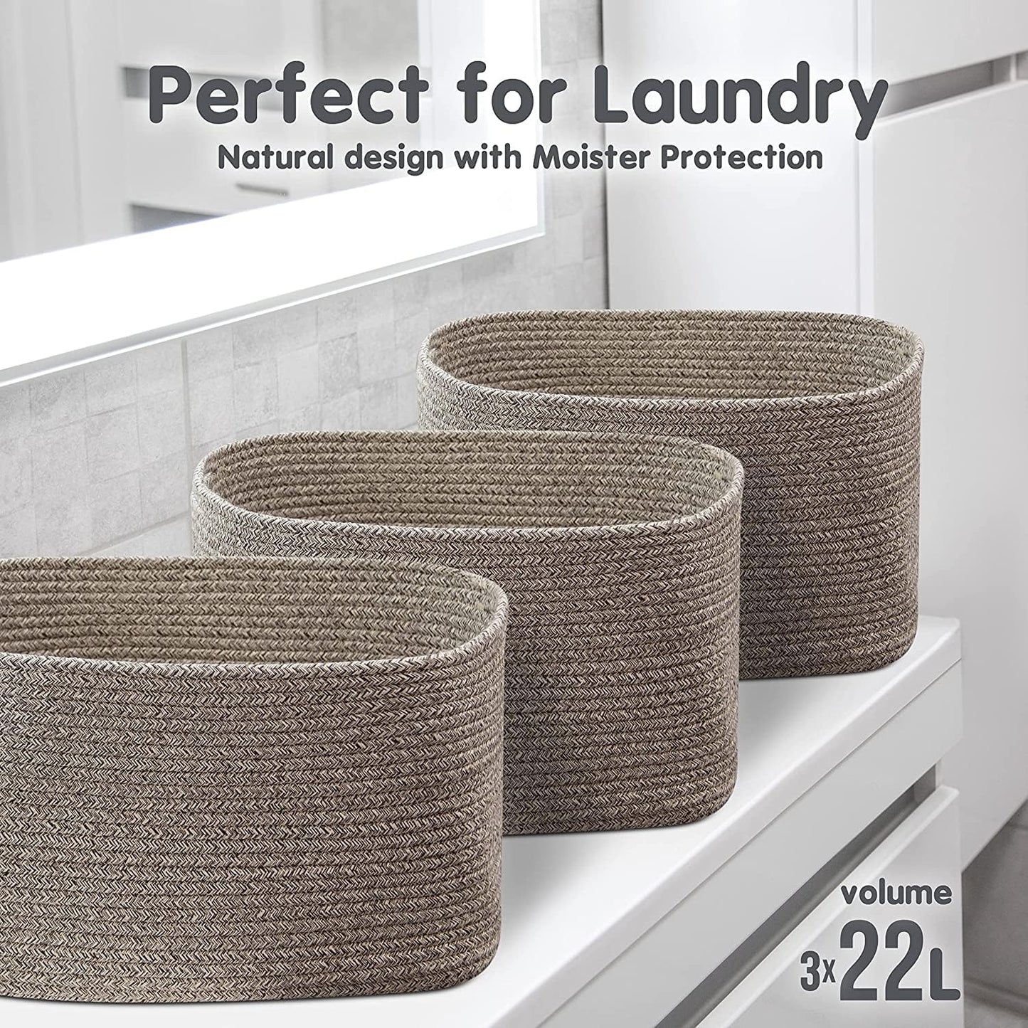CHAT BLANC Cotton Rope Baskets for Organizing | Storage Baskets for Shelves | Rope Basket for Storage, Small Laundry Baskets, Woven Baskets for Storage, Dog Toy Bin, Baby Basket, Brown 3 Pack