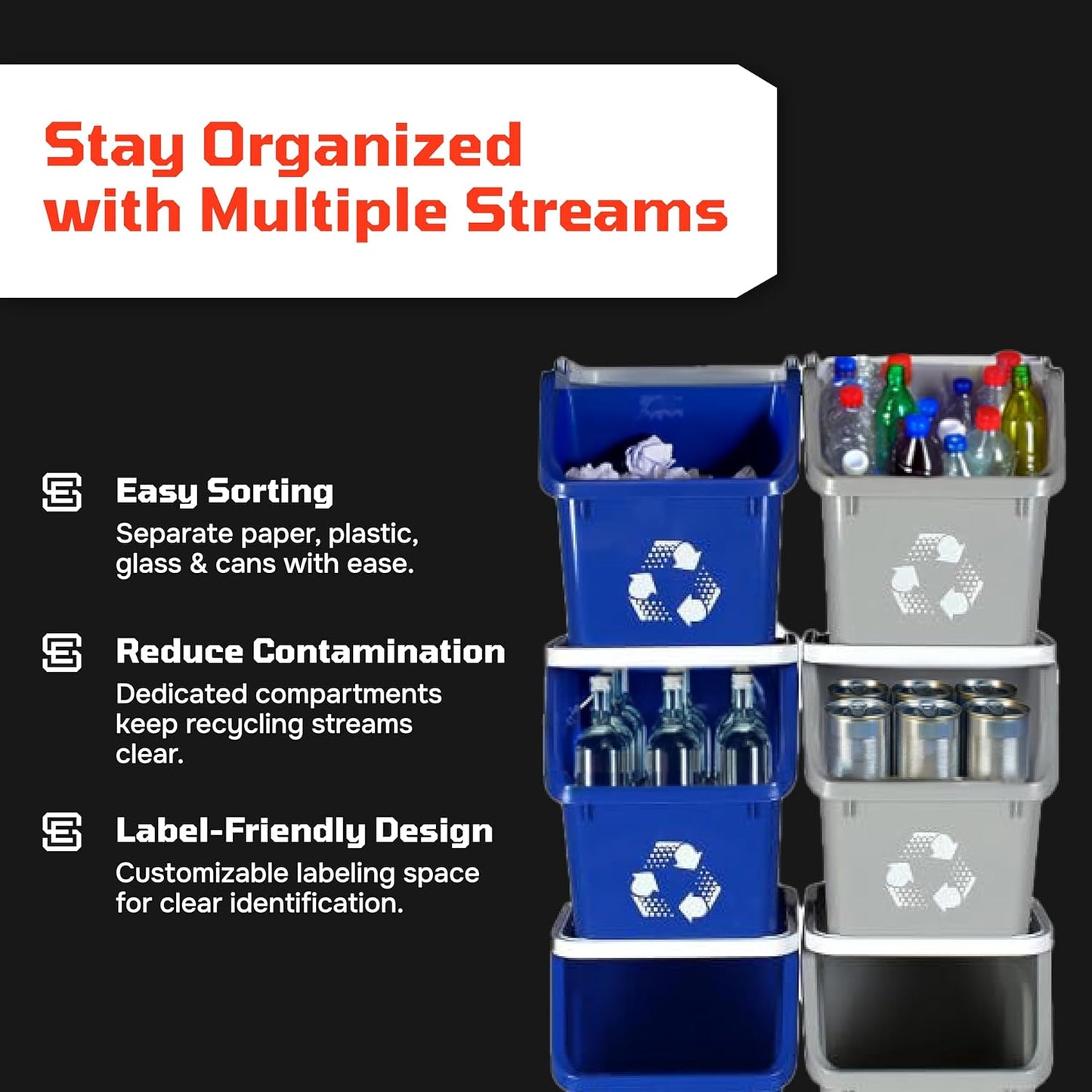 Multi Recycling Bin System with Three Stacking 6 Gallon Bins with Carrying Handles, Stackable and Compact for Offices, Homes, Garages, Businesses (Yellow, 6 Pack)