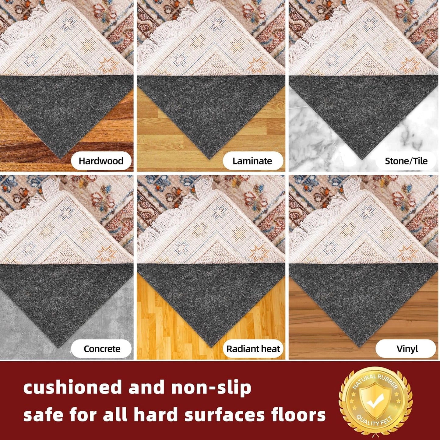 BAGAIL Felt and Natural Rubber Backing Rug Pads 1/8” Thick, 4 x 6 Ft Non Slip Rug Gripper Keep Rugs in Place, Under Area Rug Protective Cushioned Pads, Carpet Runners, Hardwood Floors Protection