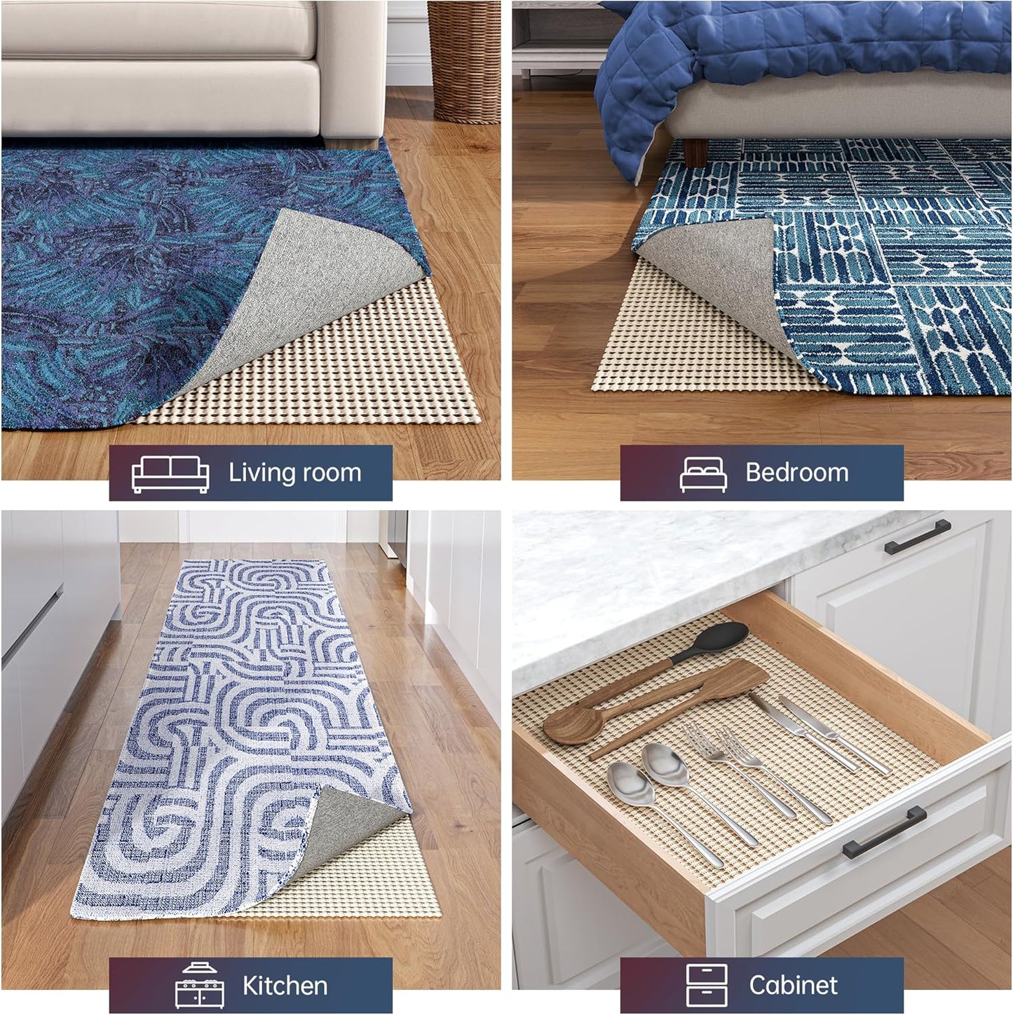 Non-Slip Rug Pad Gripper 2x4 Feet, Anti Skid Mat for Under Area Rugs, Keeps Rugs in Position and Safe, Thick Cushioned Carpet Pad for Hardwood Floors Protection