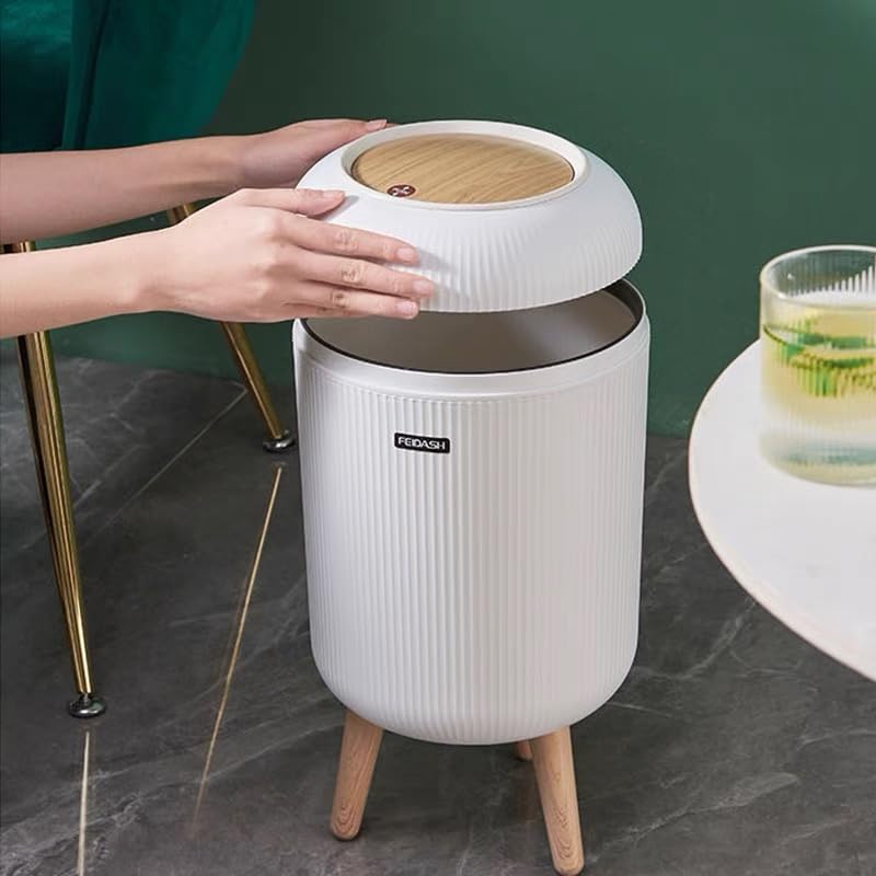 Bedroom Trash Can with Lid,3 Gallon / 11L Garbage Can with Pop-Up Lid, Small Trash Cans Plastic Waste Basket with Removable Legs for Bathroom, Kitchen, Bedroom, Office-White