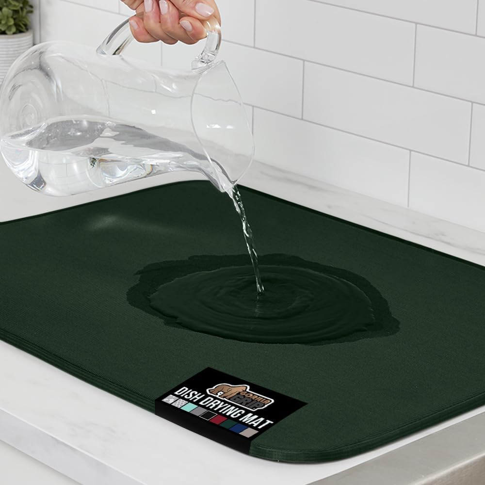 GORILLA GRIP Ultra Water Absorbent Microfiber Dish Drying Mat, Quick Dry Thick Mesh, Slip Resistant Pad for Sink Dishes or Under Rack, Kitchen Counter Accessories, 16x18, Machine Wash, Hunter Green