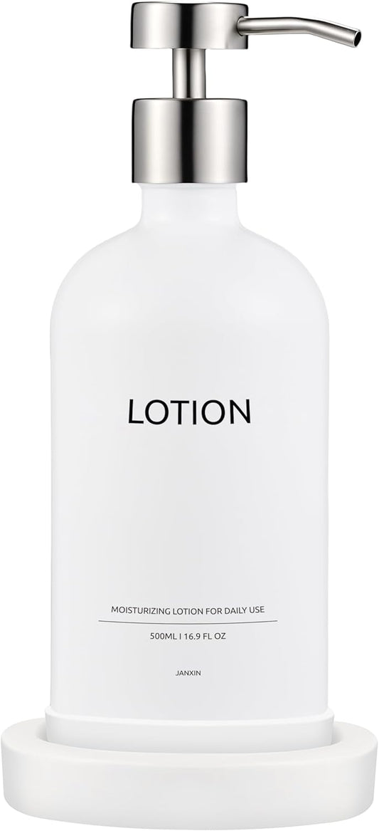 Glass Soap Dispenser Set by Janxin,Bathroom Soap Dispenser Set with Ceramic Tray,Luxury Bathroom Accessories,Modern Kitchen Decor (White+Silver(Lotion))