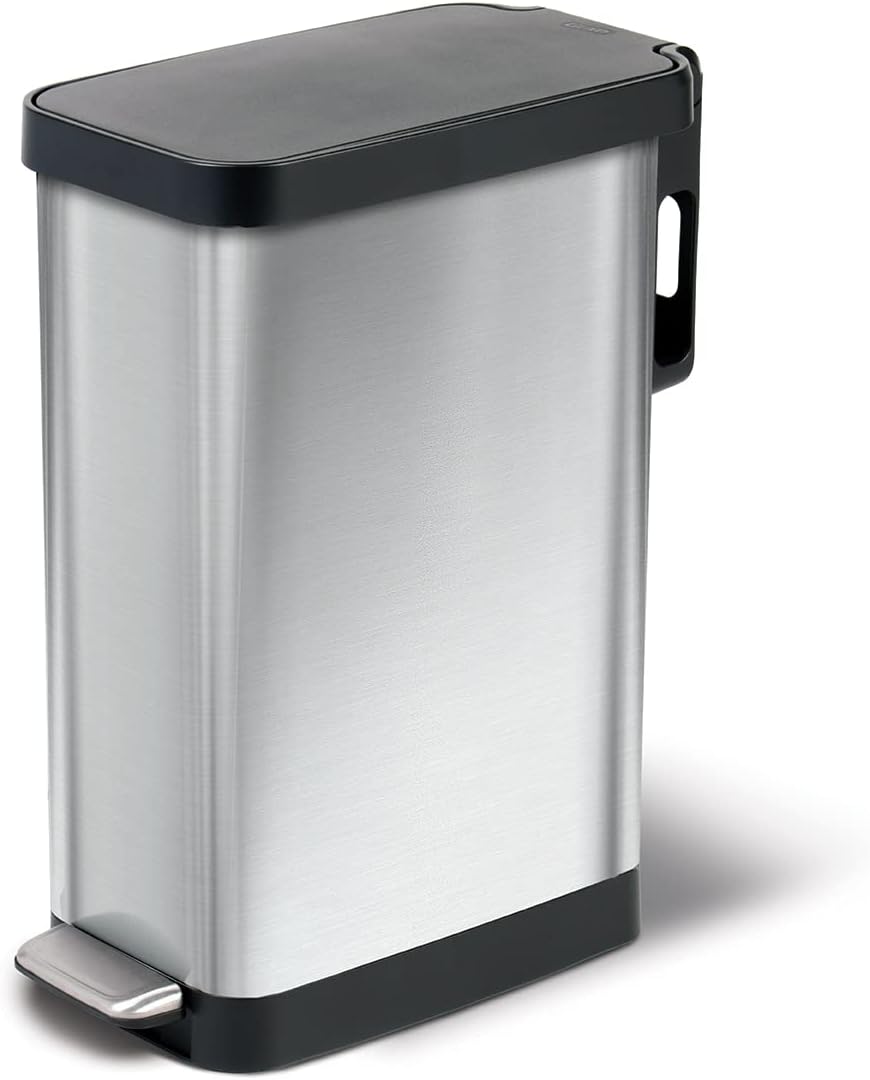 Glad Slim Trash Can with Clorox Odor Protection - Narrow Kitchen Garbage Bin with Soft Close Lid, Step On Foot Pedal and Waste Bag Roll Holder, Stainless Steel, 45 Liter