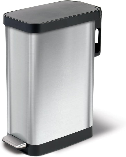 Glad Slim Trash Can with Clorox Odor Protection - Narrow Kitchen Garbage Bin with Soft Close Lid, Step On Foot Pedal and Waste Bag Roll Holder, Stainless Steel, 45 Liter
