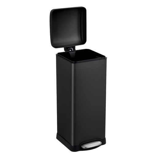 8 Gal/30L Slim Trash Can, Rectangular Step-On Stainless Steel Garbage Can, Soft-Close Lid, Anti-Fingerprint Surface, Recycling Bin with Removable Inner Basket, for Kitchen Dining Room, Black