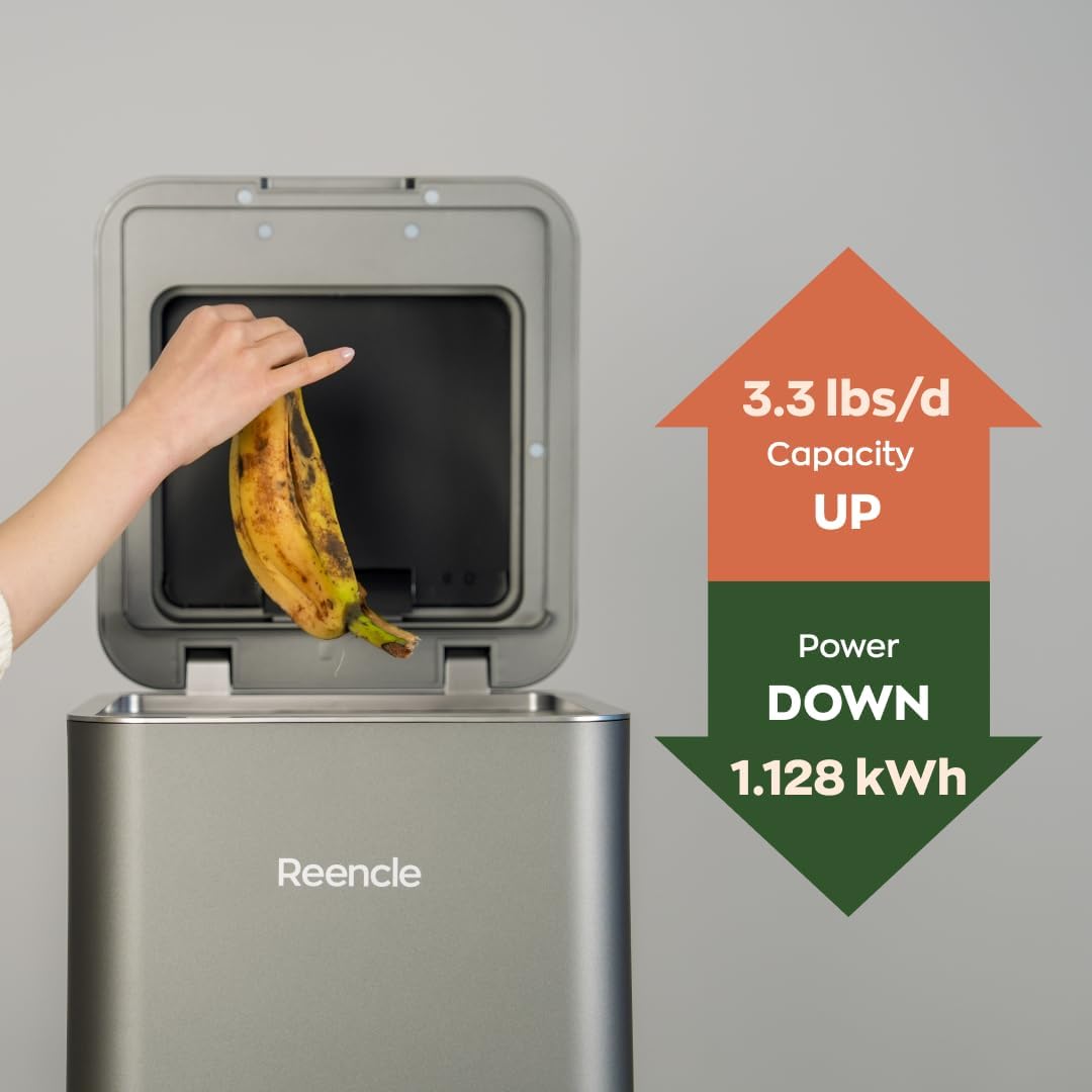 Reencle Gravity Electric Composter - 22L Kitchen Composter– Decomposes 3.3 lbs Daily, Odorless & Quiet Indoor Composting, Rapid Decomposition with All-New Compost Starter 2.0 + Booster Pack (Silver)