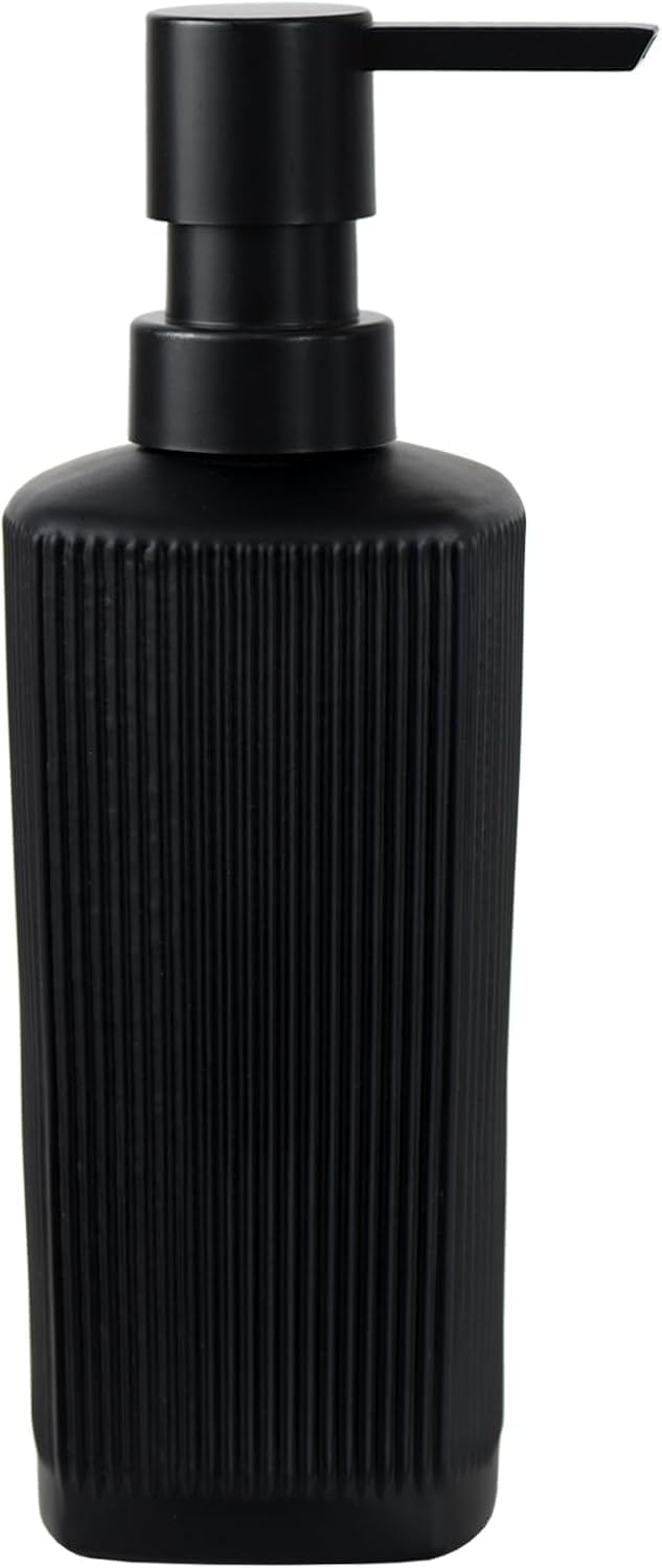 Black Pump Glass Soap Dispenser, 12oz Stripe Countertop Refillable Liquid Bottle, Hand Dish Lotion Dispenser with Plastic Pump, for Kitchen, Bathroom