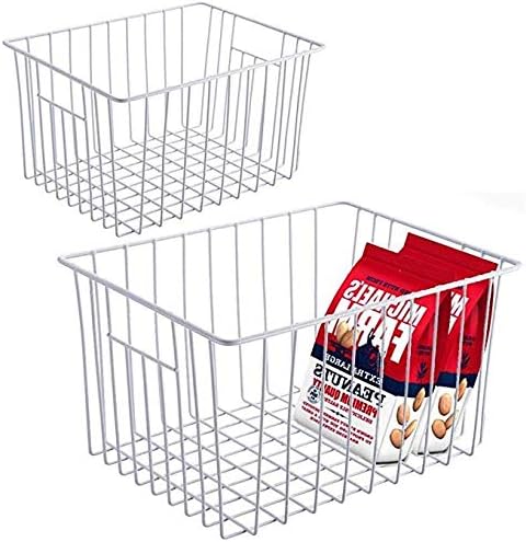 Slideep Freezer Baskets Storage Basket Organizers, Deep Wire Farmhouse Bins Container with Handles for Kitchen, Pantry, Cabinet, Car, Bathroom Pearl White, 4 Pack
