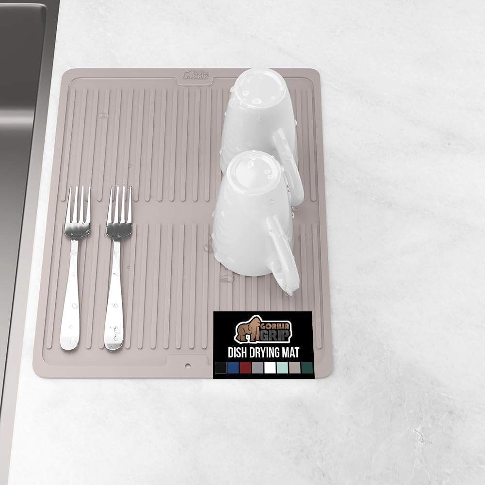 GORILLA GRIP 100% BPA-Free Patented Silicone Dish Drying Mat for Kitchen Counter, Water Catching Ribbed Design, Easy Clean Waterproof Sink Liner, Heat Resistant, Fits Under Rack, 13x11 Inch, Almond