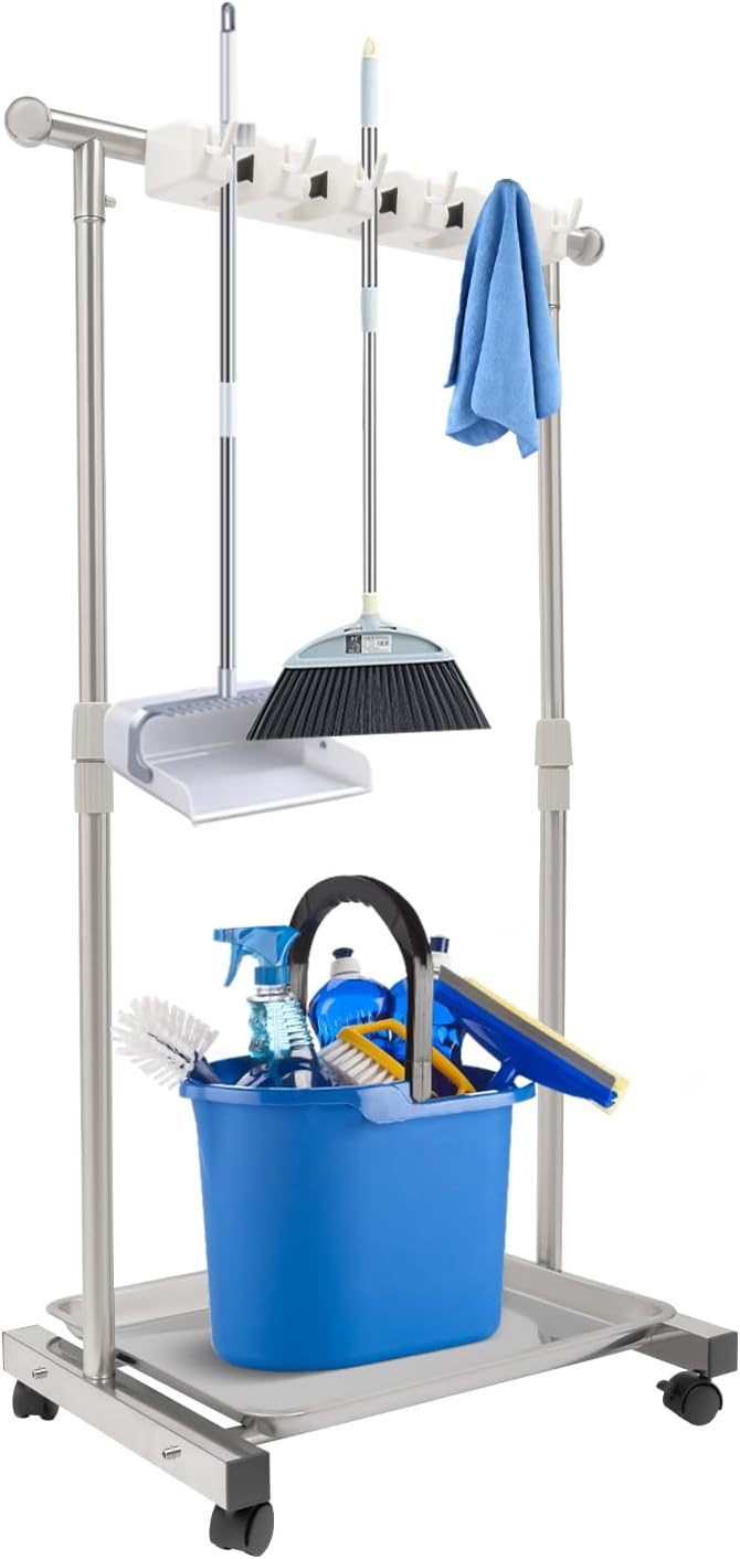 Broom Mop Holder, Movable Put Wet Mops Broom Floor Standing Cleaning Tool Rack 6 Hook and 5 Slots, Stainless Steel Cleaning Supplies Organizer for Home Schools Hospitals Factories Hotels Restaurant