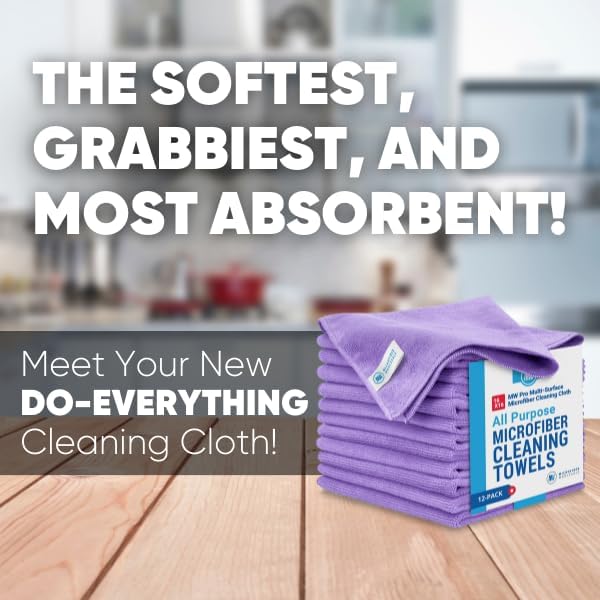 MW Pro Microfiber Cleaning Cloth | Purple | 12 Pack | 16” x 16” | All Purpose Microfiber Towels - Clean, Dust, Polish, Scrub, Absorbent