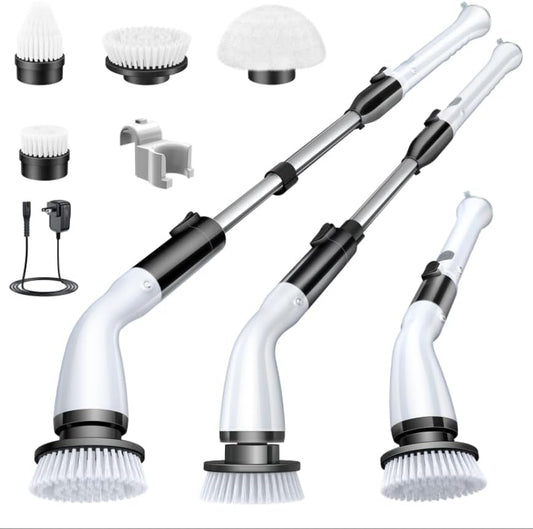 LABIGO Electric Spin Scrubber LA1 Pro, Cordless Spin Scrubber with 4 Replaceable Brush Heads and Adjustable Size Extension Handle Power Full Cleaning Brush for Bathroom Floor (Deep Black)