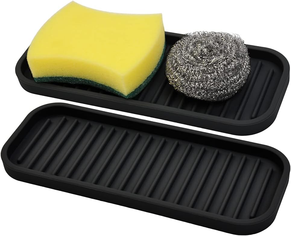 Silicone Sponge Holder Kitchen Sink Organizer Tray Dish Caddy Soap Dispenser, Scrubber Spoon Holder,Dishwashing Accessories 2 Pack (Black)