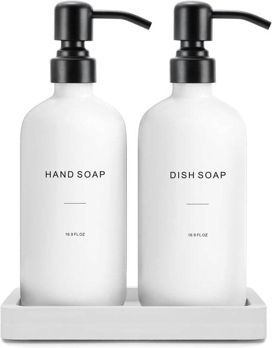 Kitchen Soap Dispenser Set, White Soap Dispenser with Black Stainless Steel Pump, Perfect for Modern Kitchen Decor. (White)