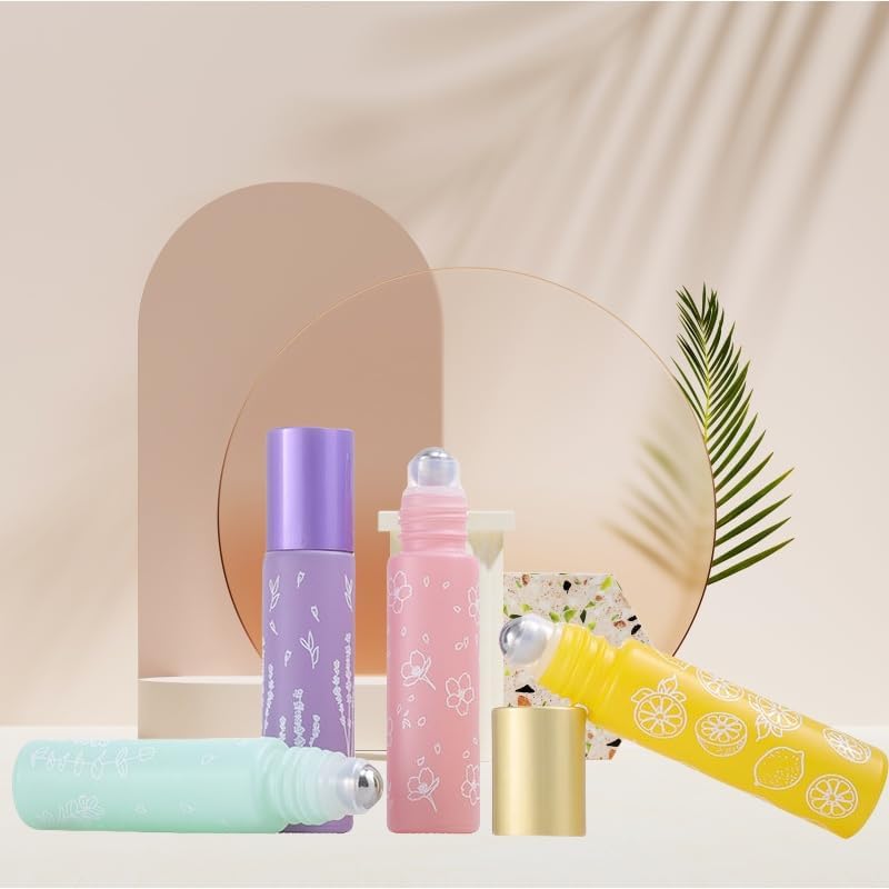 10 Pcs Green Glass Essential Oil Roller Bottles,10ml Empty Refillable Roll on Bottles,Glass Travel Roller Bottles with Stainless Steel Roller Balls for Essential Oil,Perfume,Lip Gloss Lip Balms